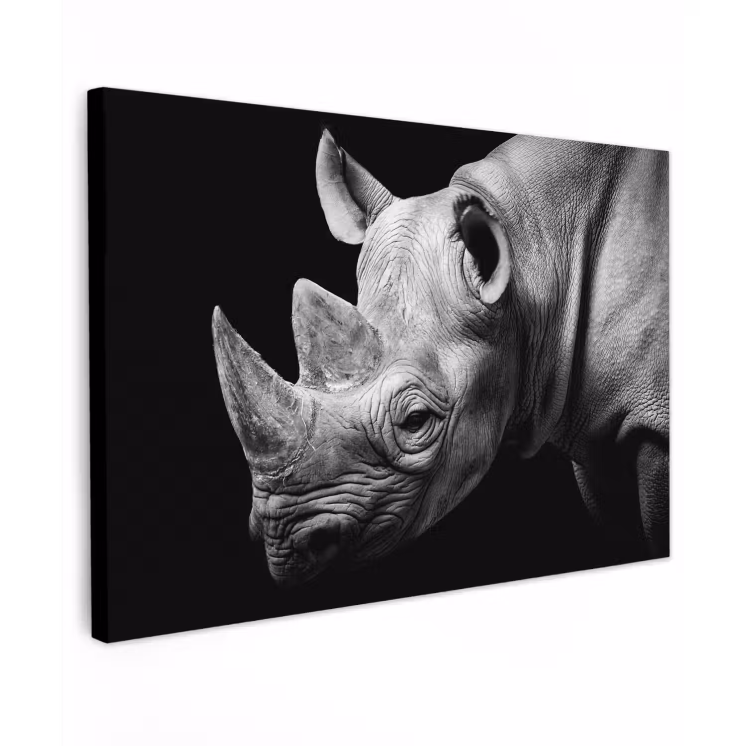 Dieren - Neushoorn - Zwart - Wit - Portret canvas 2cm klein -z3d