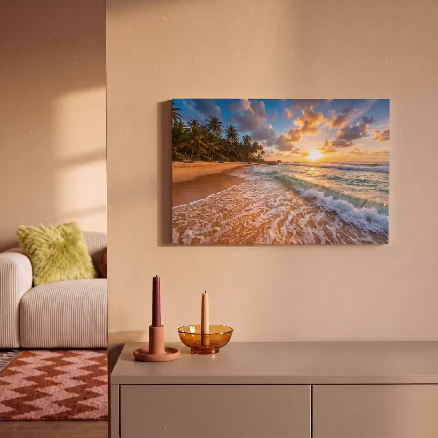 Strand - Zonsondergang - Golven - Natuur - Goud canvas 2cm klein -sfeer1