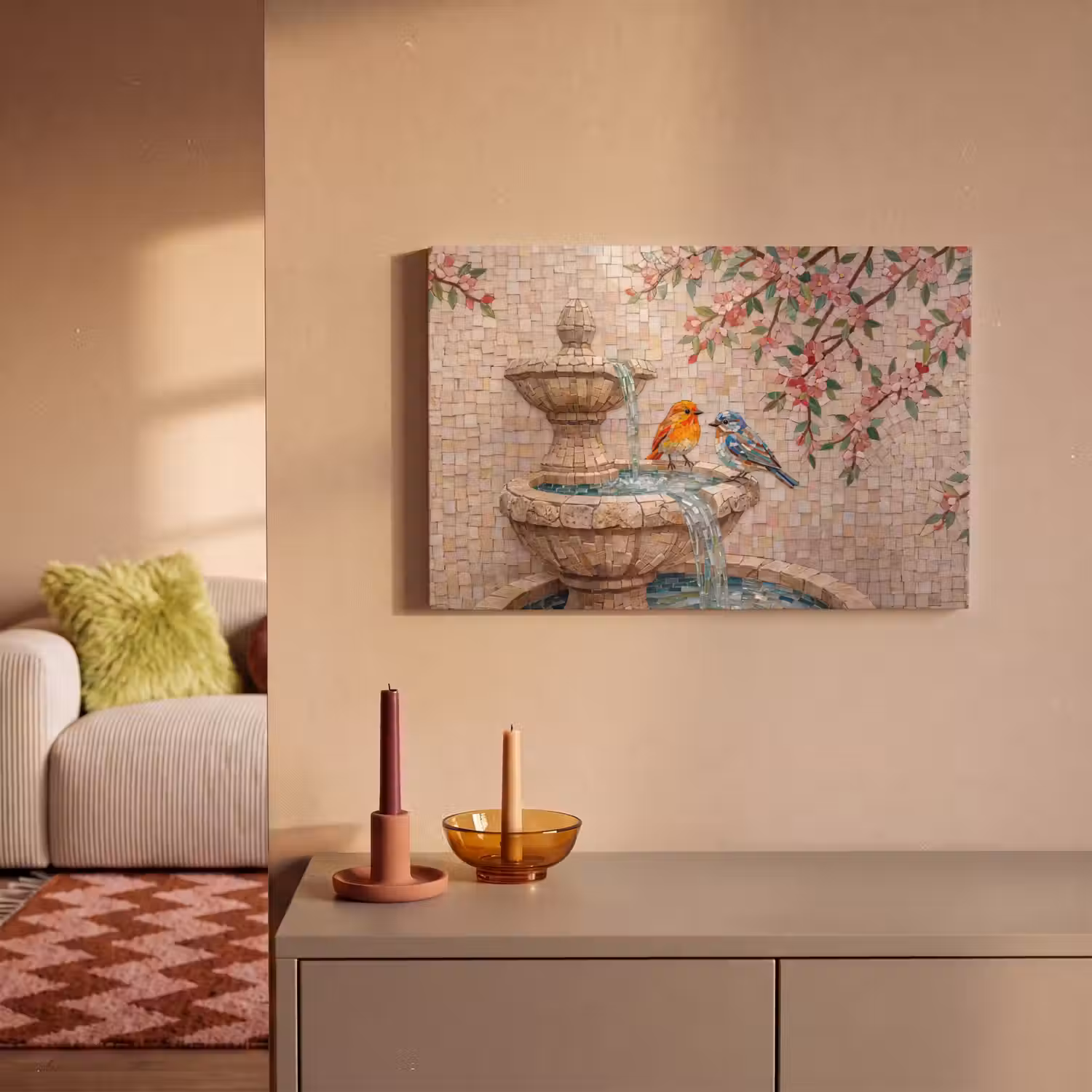 Vogel - fontein - mozaiek - kleurrijk - dieren canvas 2cm klein -sfeer1