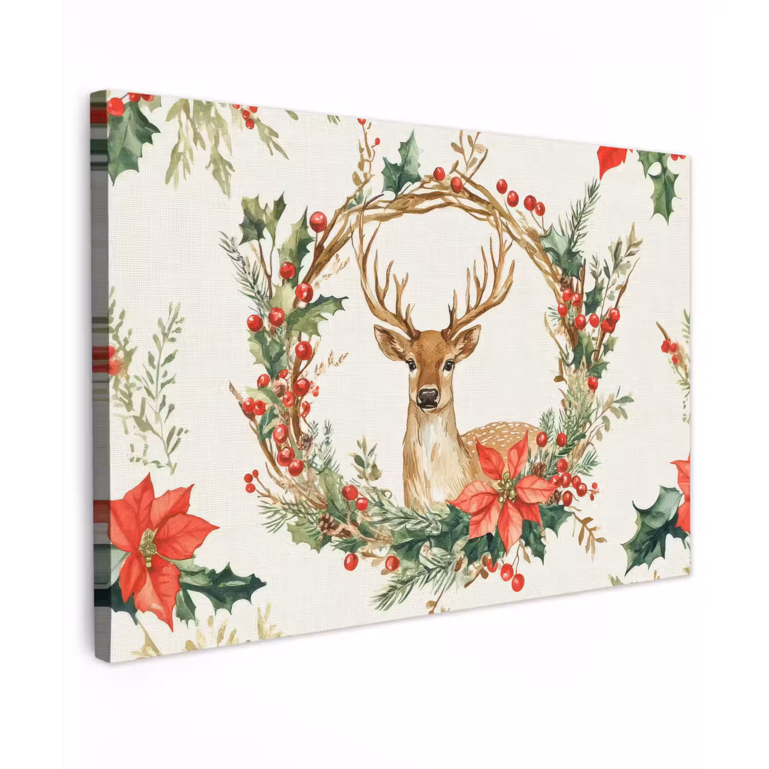 Kerstkrans - Hert - Hulst - Rood canvas 2cm klein -z3d