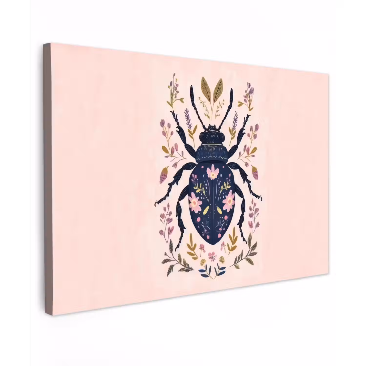 Donkerblauw - Kever - Bloemtakken - Sierlijk canvas 2cm klein -z3d