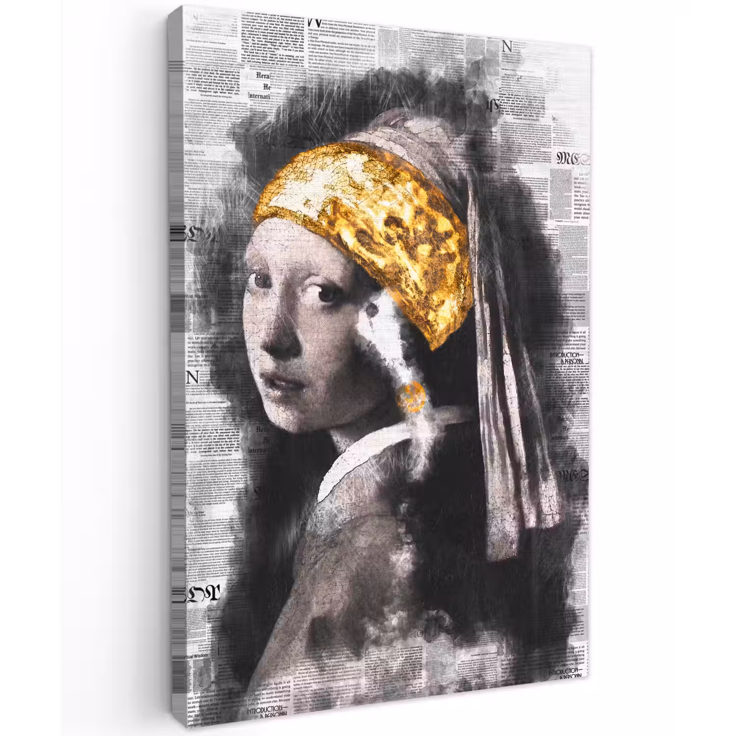 Meisje met de parel - Johannes Vermeer - Krant - Goud canvas 2cm klein -z3d