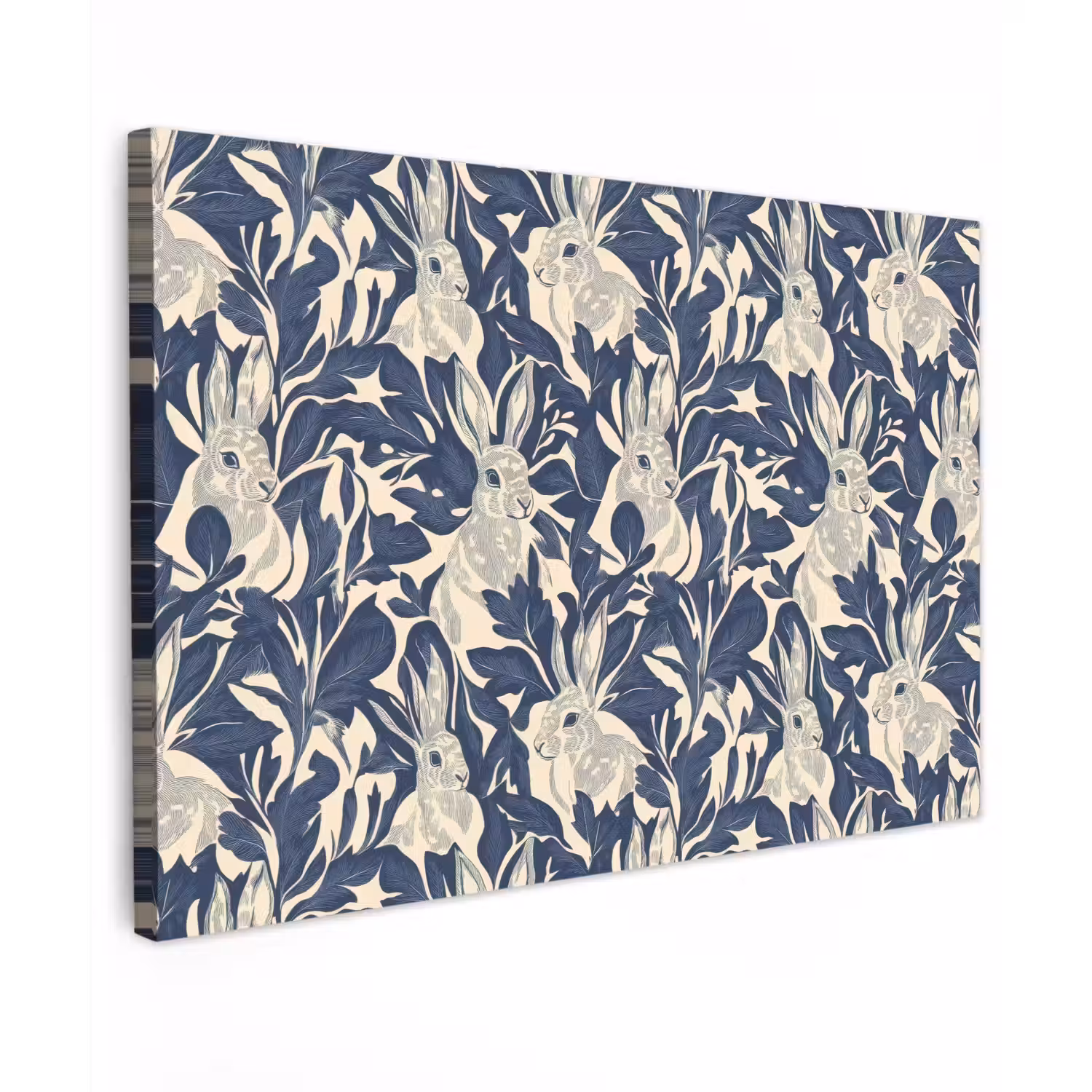 Hazen - Bladeren - Patroon - Blauw - Beige canvas 2cm klein 34 -z3d