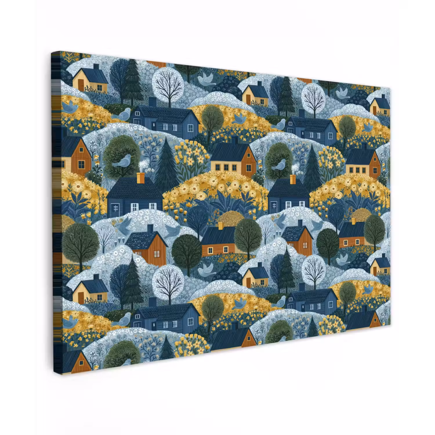 Huisjes - Bloemen - Patroon - Geel - Blauw canvas 2cm klein 34 -z3d