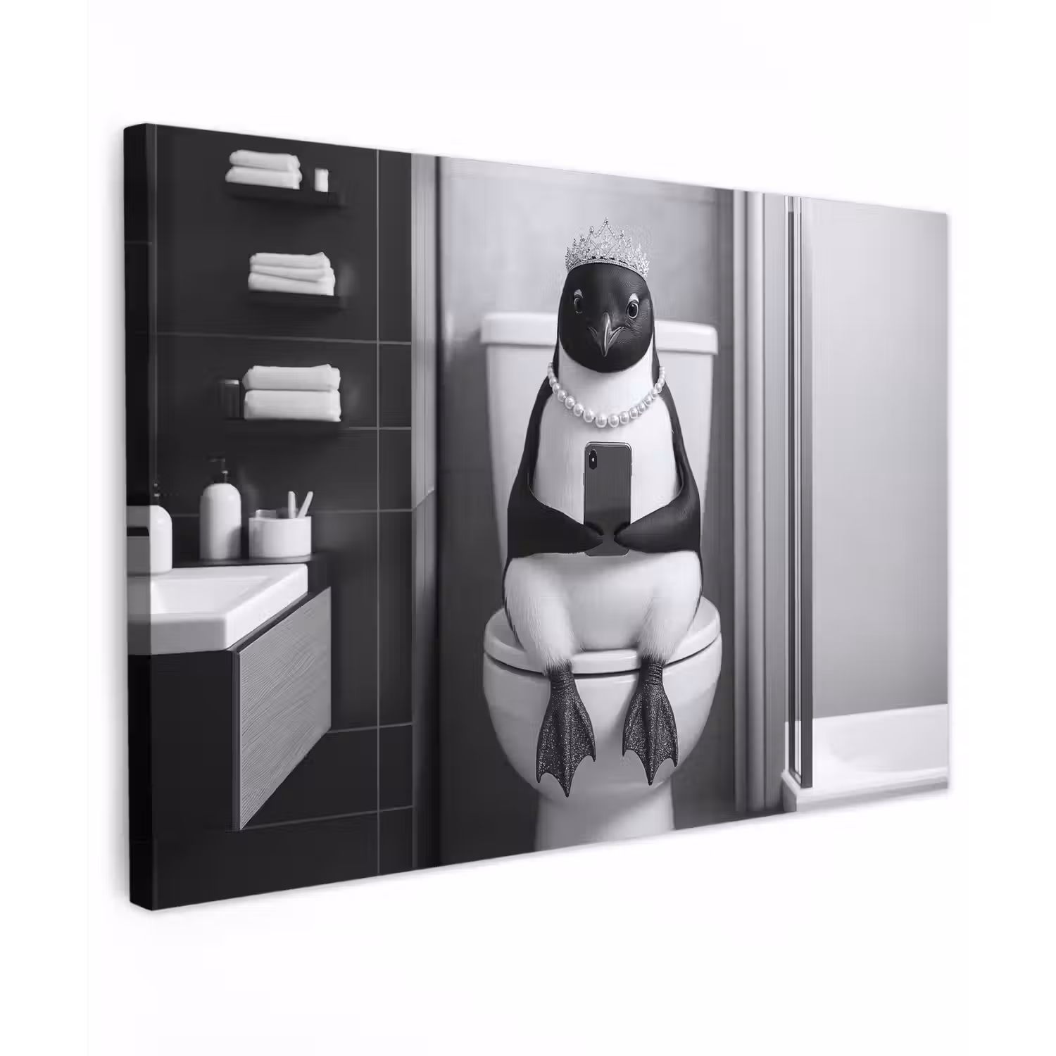 Pinguïn - Telefoon - Toilet - Zwart - Wit canvas 2cm klein -z3d