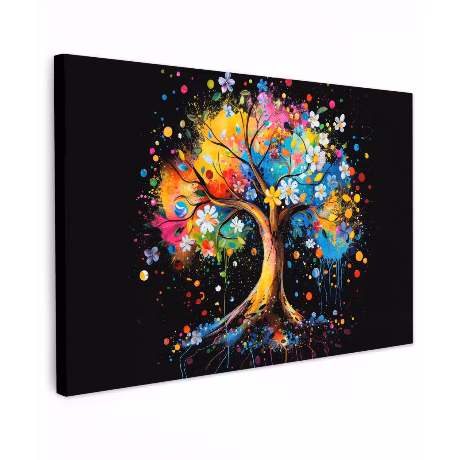 Boom - Kleurrijk - Bloemen - Zwart canvas 2cm klein -z3d
