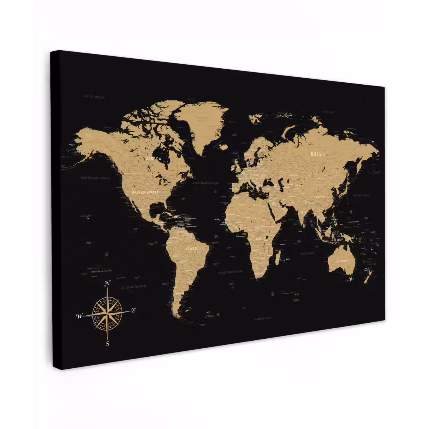 Wereldkaart - Beige - Zwart canvas 2cm klein -z3d