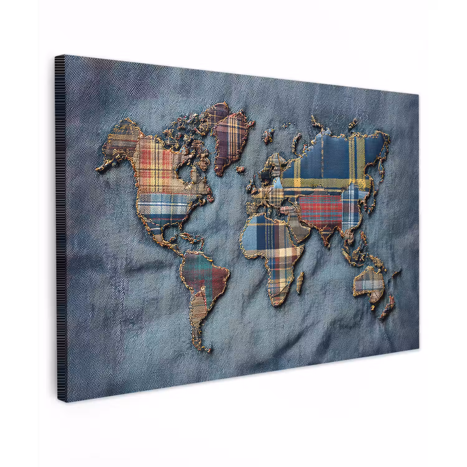 Wereldkaart - Denim - Textiel canvas 2cm klein -z3d