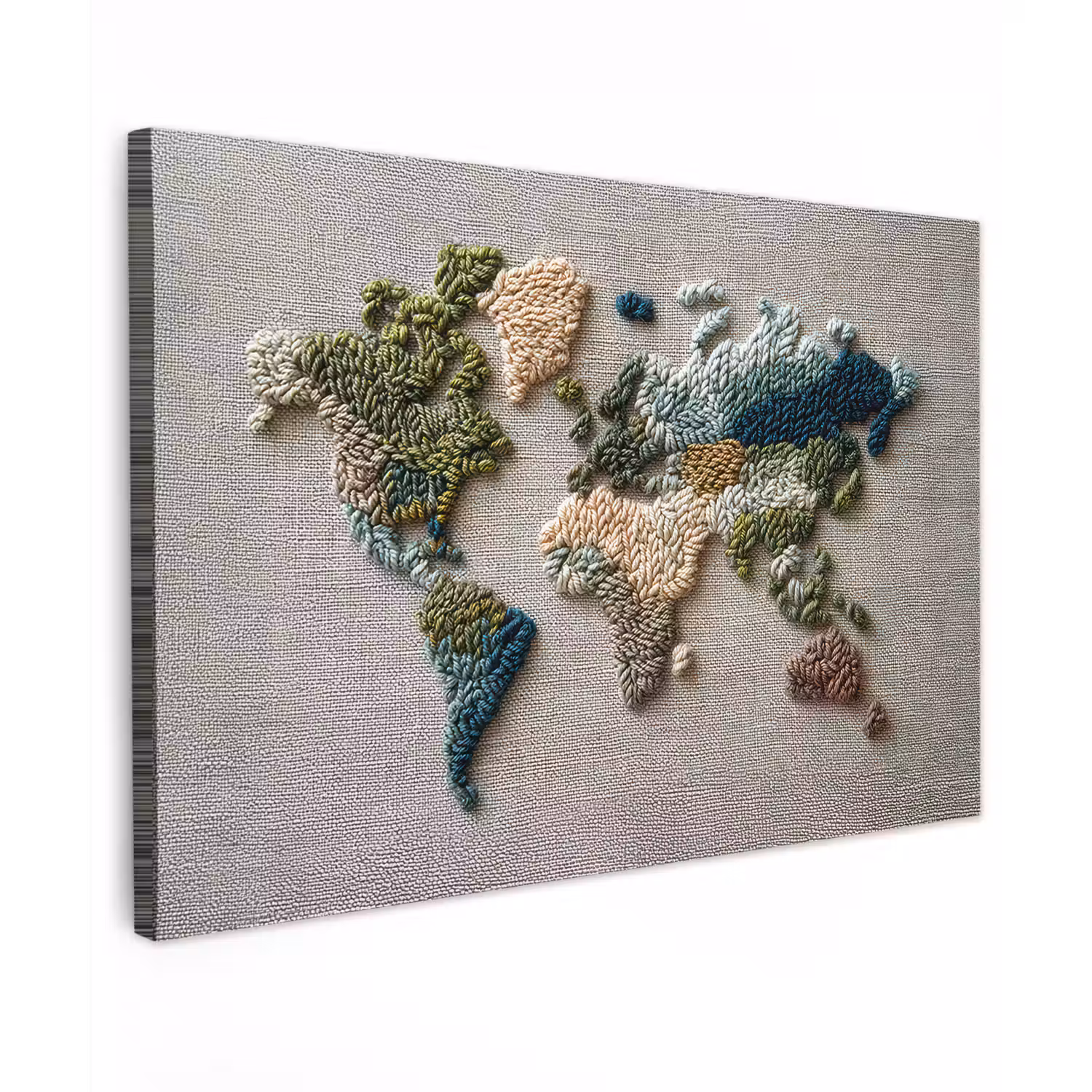 Wereldkaart - Geborduurd - Aardetinten canvas 2cm klein -z3d