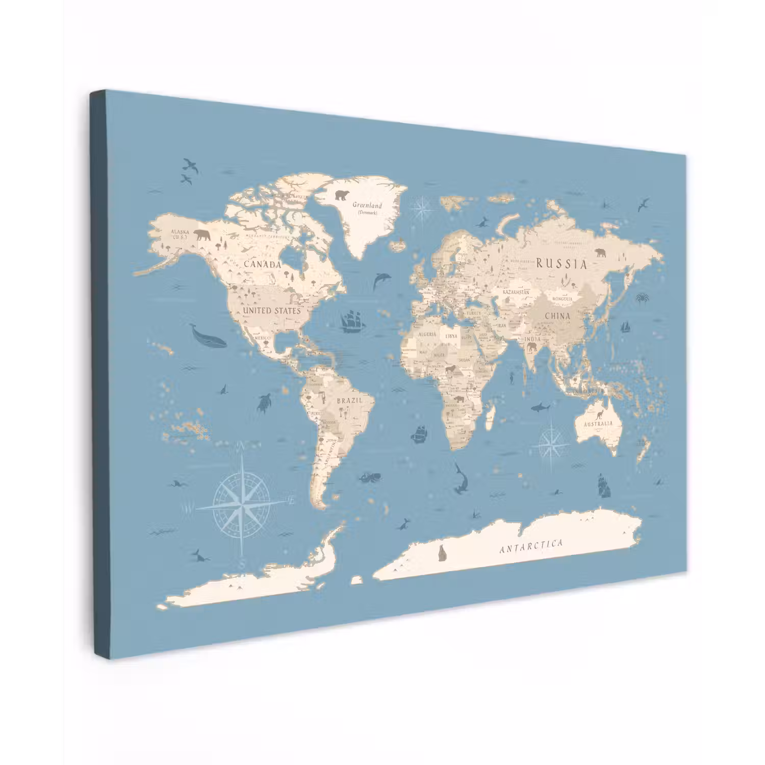 Wereldkaart - Oceaan - Realistisch - Blauw canvas 2cm klein -z3d