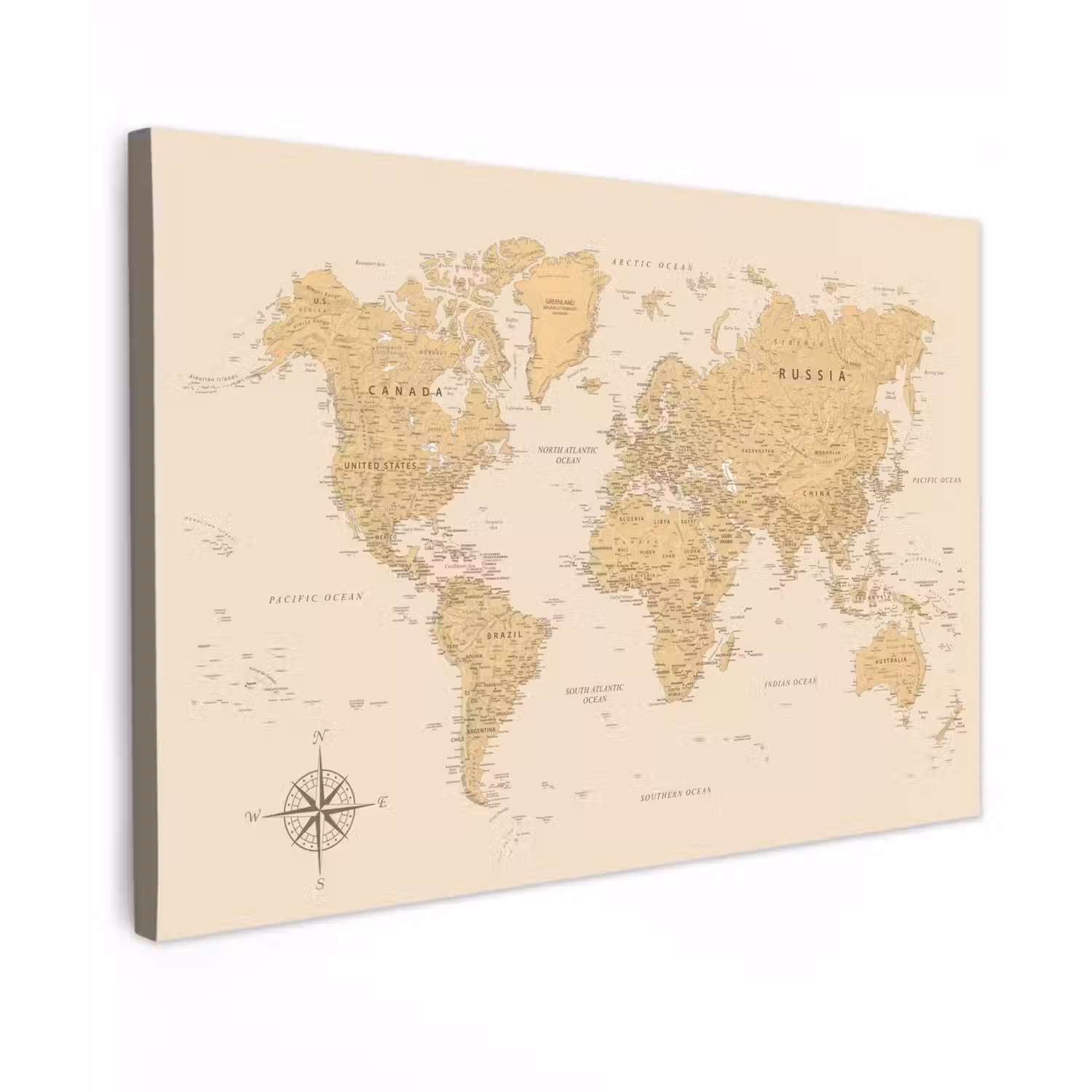 Wereldkaart - Realistisch - Beige canvas 2cm klein -z3d