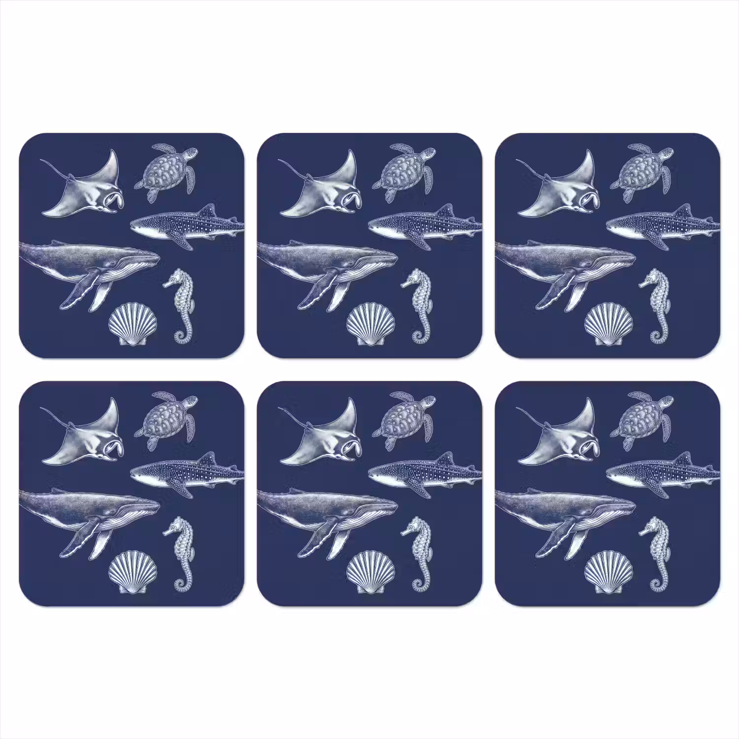 Dieren - Zeeleven - Oceaan - Graveren - Blauw onderzetter kurk middel -3d