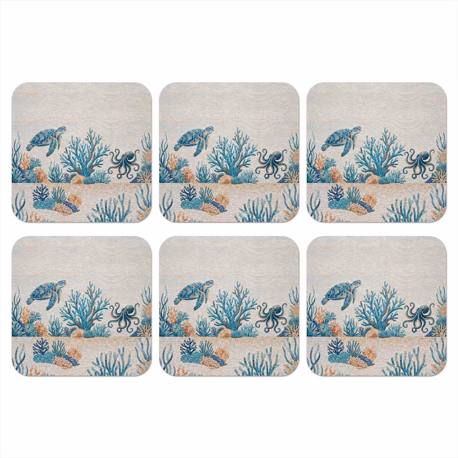 Dieren - Onderwater - Natuur - Mozaïek - Blauw onderzetter kurk middel -3d