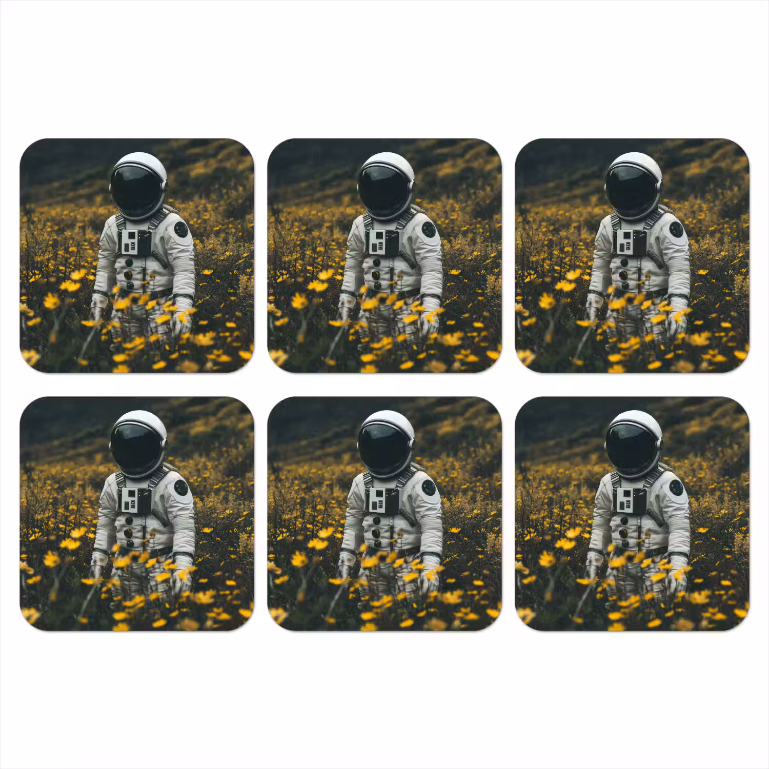 Astronaut - Bloemen - Veld - Geel onderzetter kurk middel -3d