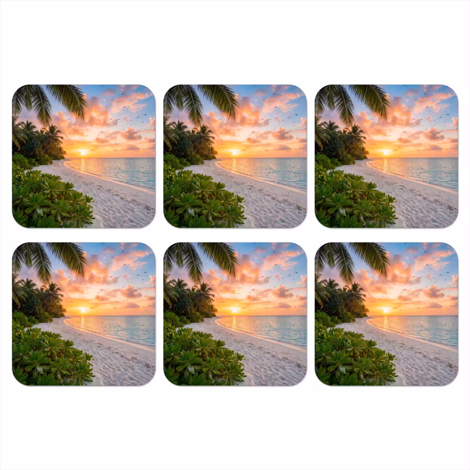 Strand - Zonsondergang - Palmbomen - Tropisch - Natuur onderzetter kurk middel -3d