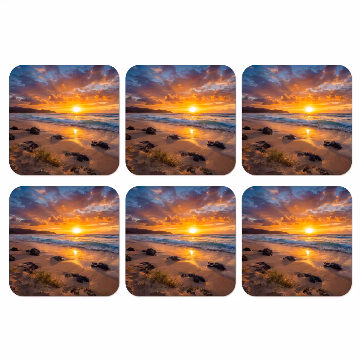 Strand - Zonsondergang - Golven - Natuur - Oranje onderzetter kurk middel -3d
