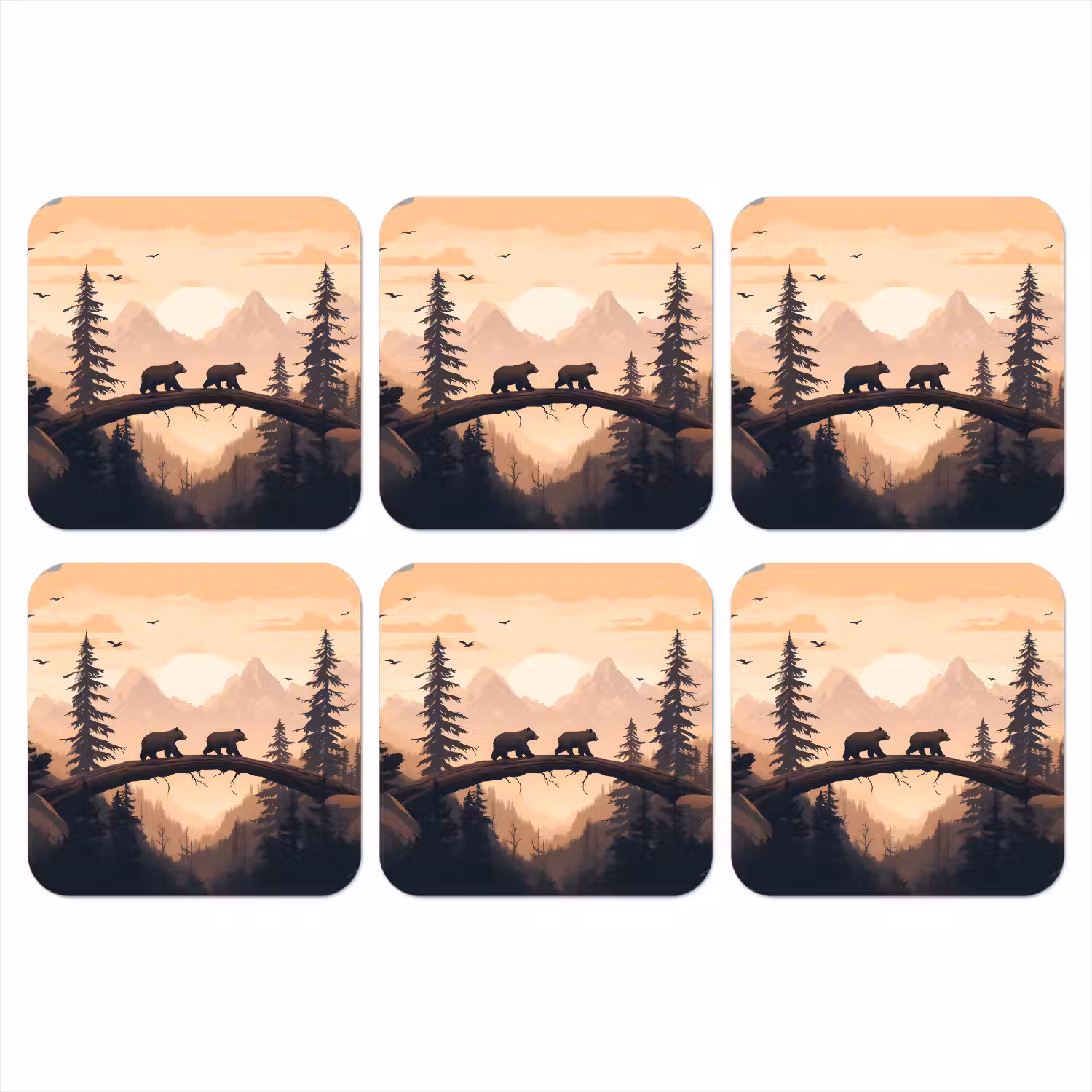 Beren - Bomen - Landschap - Zonsondergang onderzetter kurk middel -3d