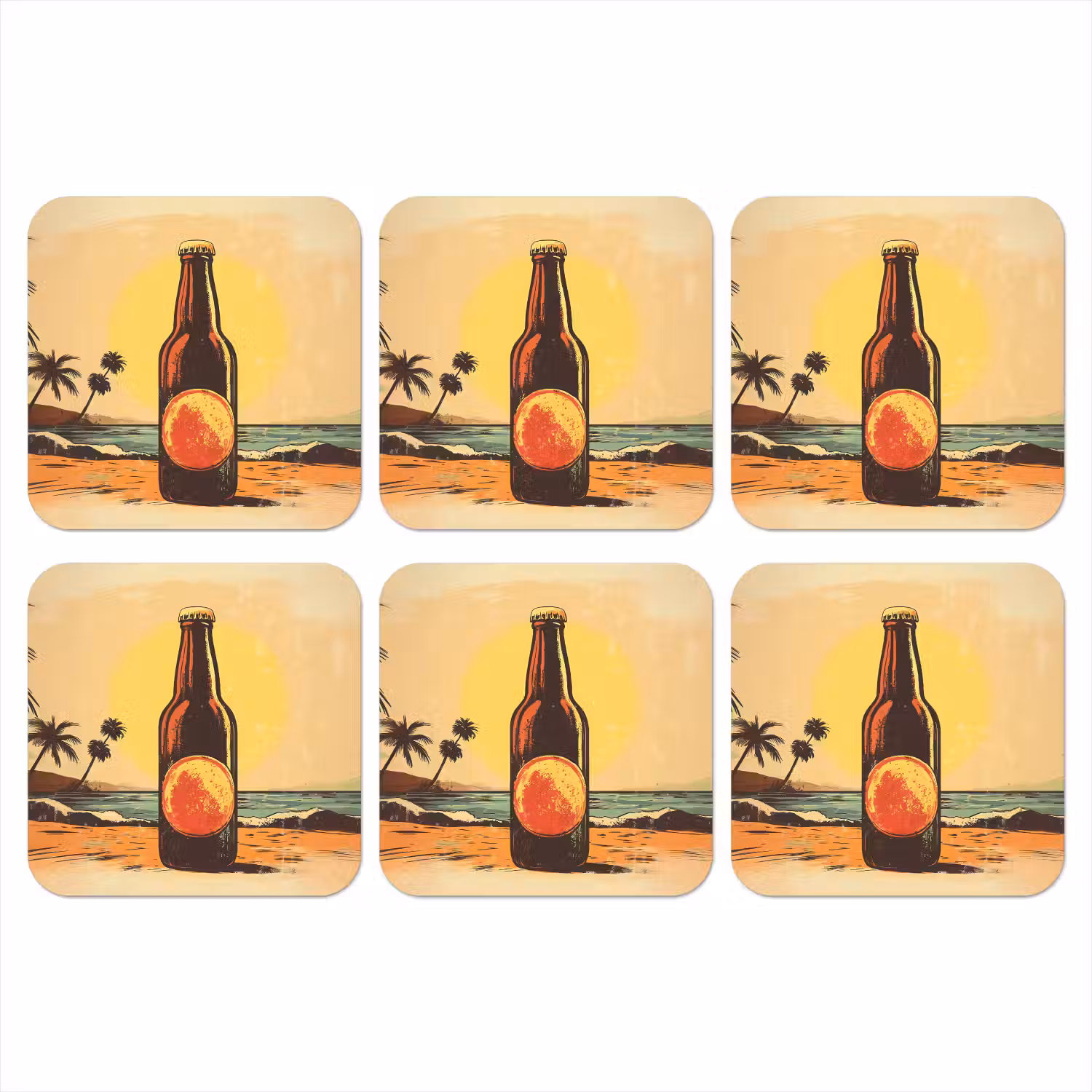 Bierfles - Zonsondergang - Palmbomen - Zee onderzetter kurk middel -3d