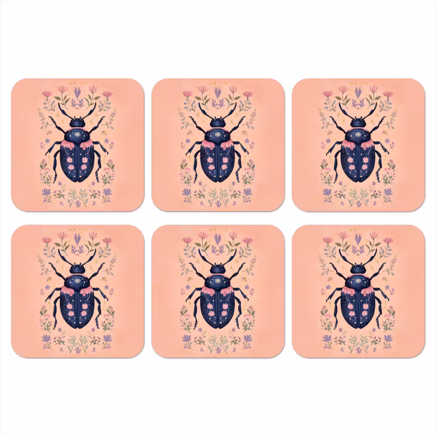 Kever - Donkerblauw - Bloemen - Sierlijk onderzetter kurk middel -3d