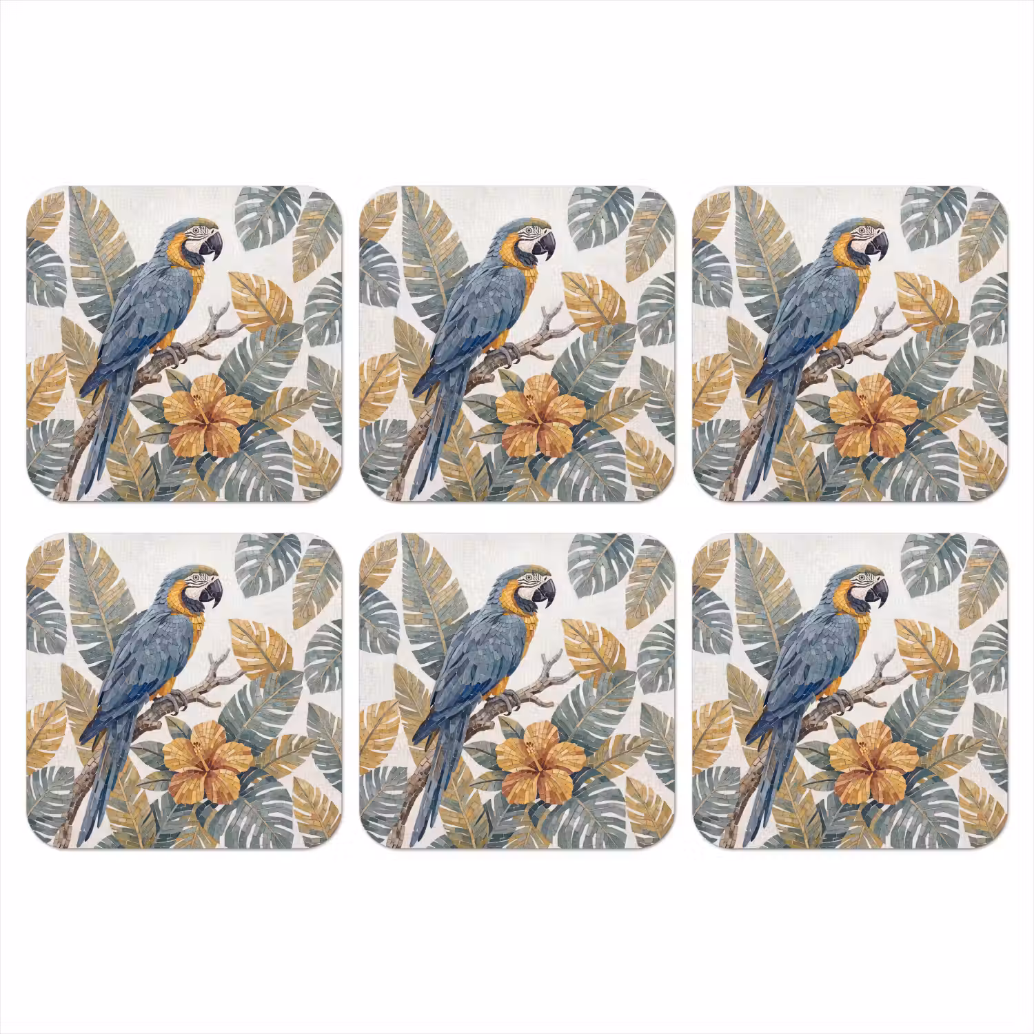 Vogel - Tak - Natuur - Mozaïek - Blauw onderzetter kurk middel -3d