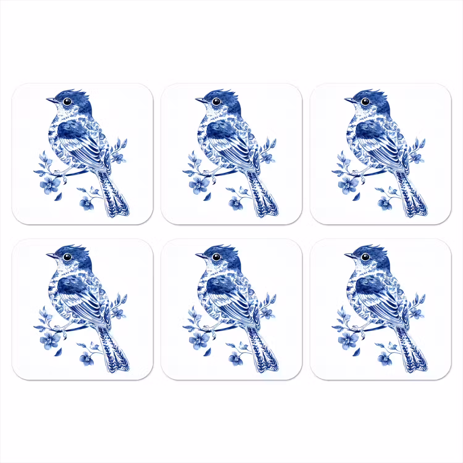 Vogel - Delfts blauw - Illustratie - Bloemen onderzetter kurk middel -3d