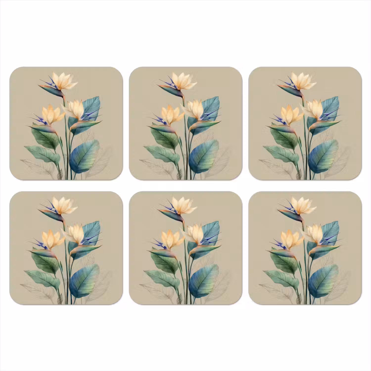 Paradijsvogelbloemen - Blauwgroene bladeren - Beige onderzetter kurk middel -3d