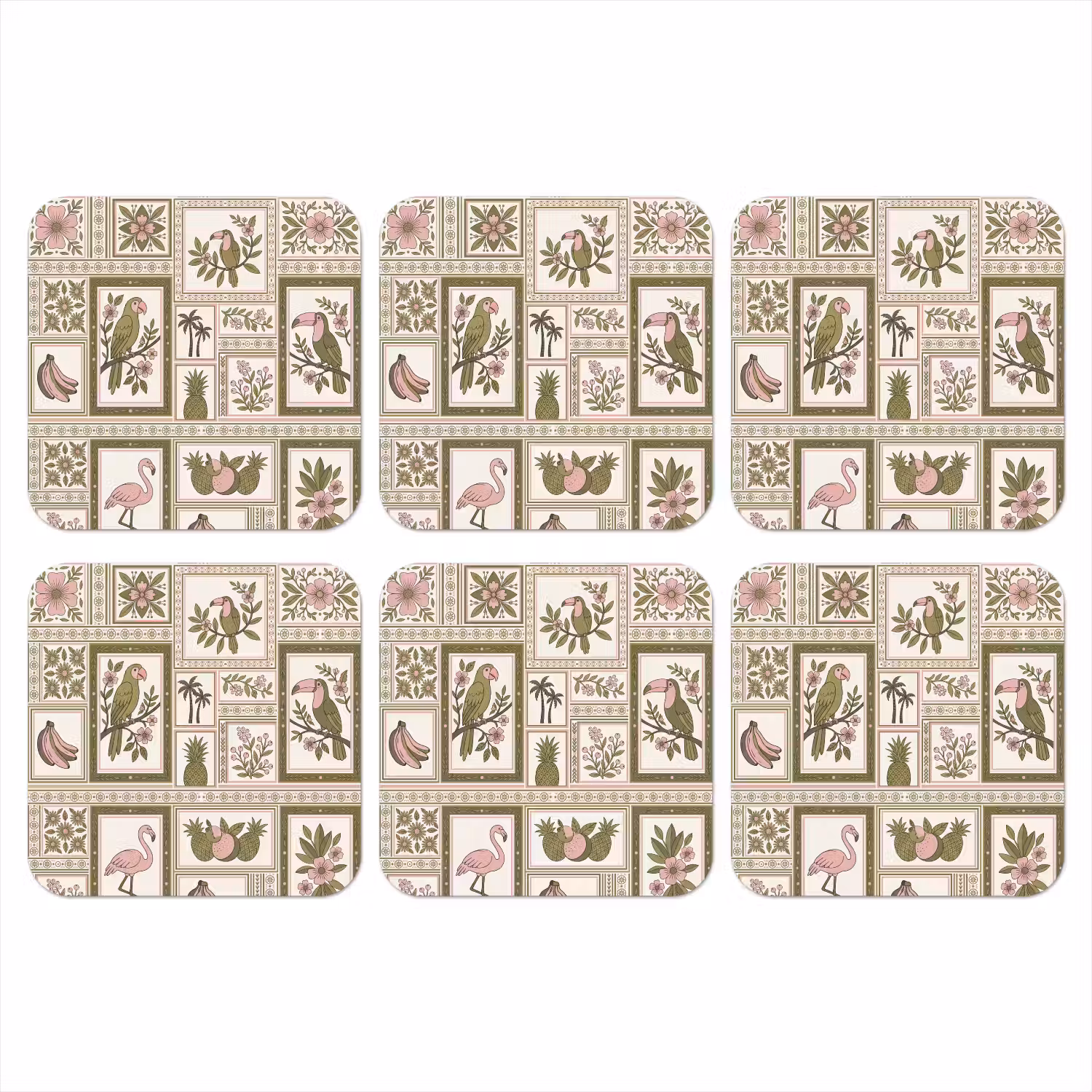 Vogel - Tropisch - Patroon - Decoratief - Groen onderzetter kurk middel -3d