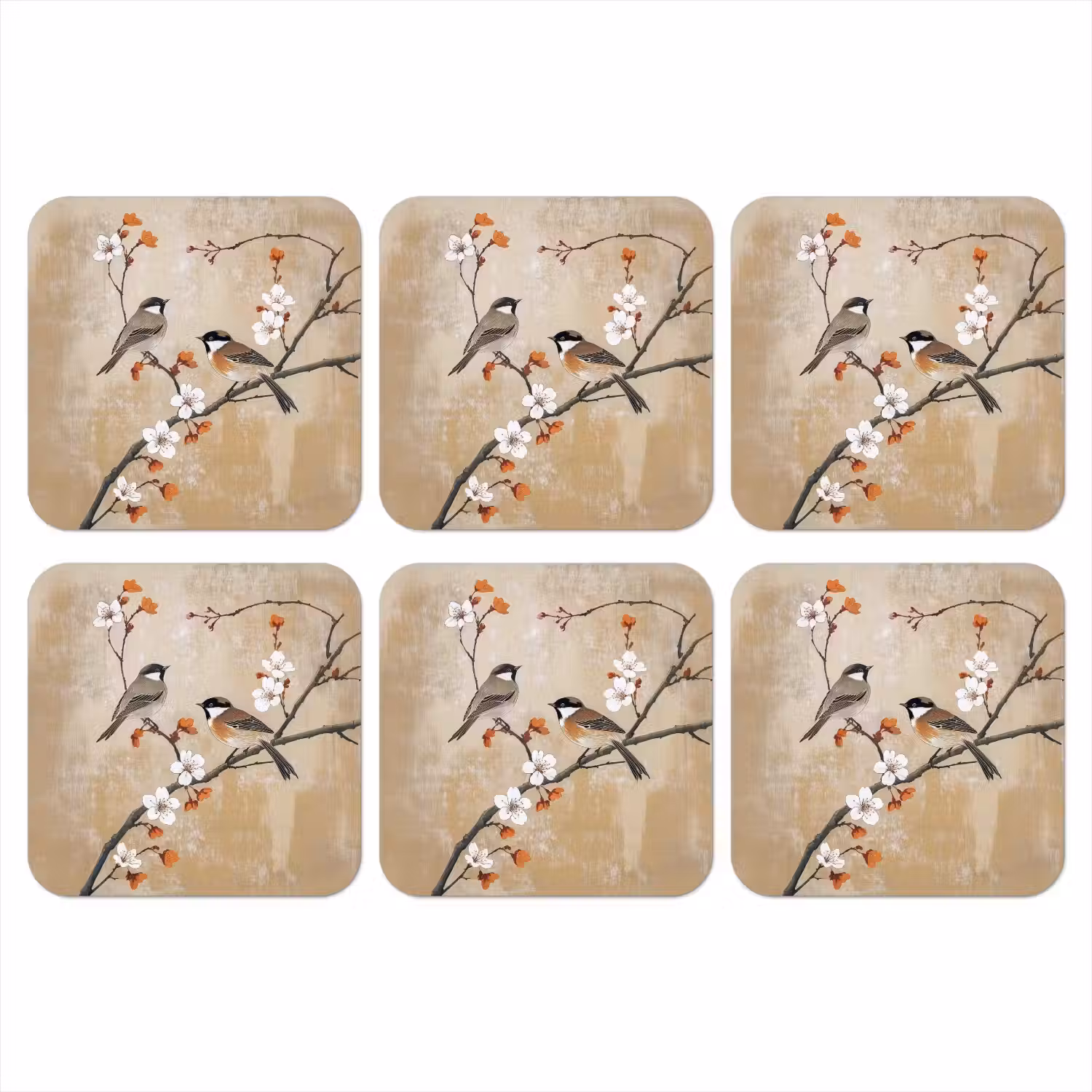 Vogels - Bloesemtak - Bloemen - Oranje onderzetter kurk middel -3d