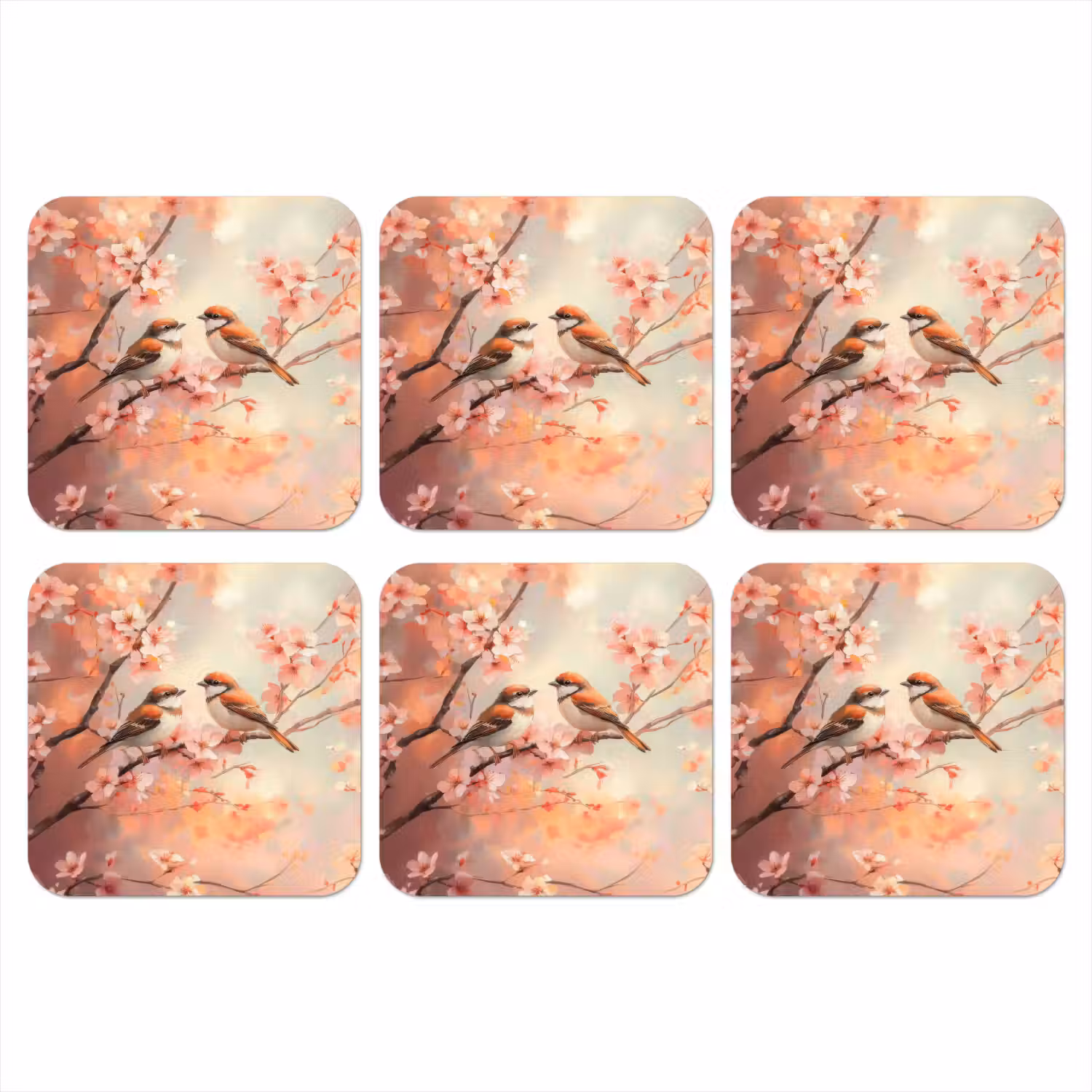 Vogels - Romantic - Bloesemtak onderzetter kurk middel -3d