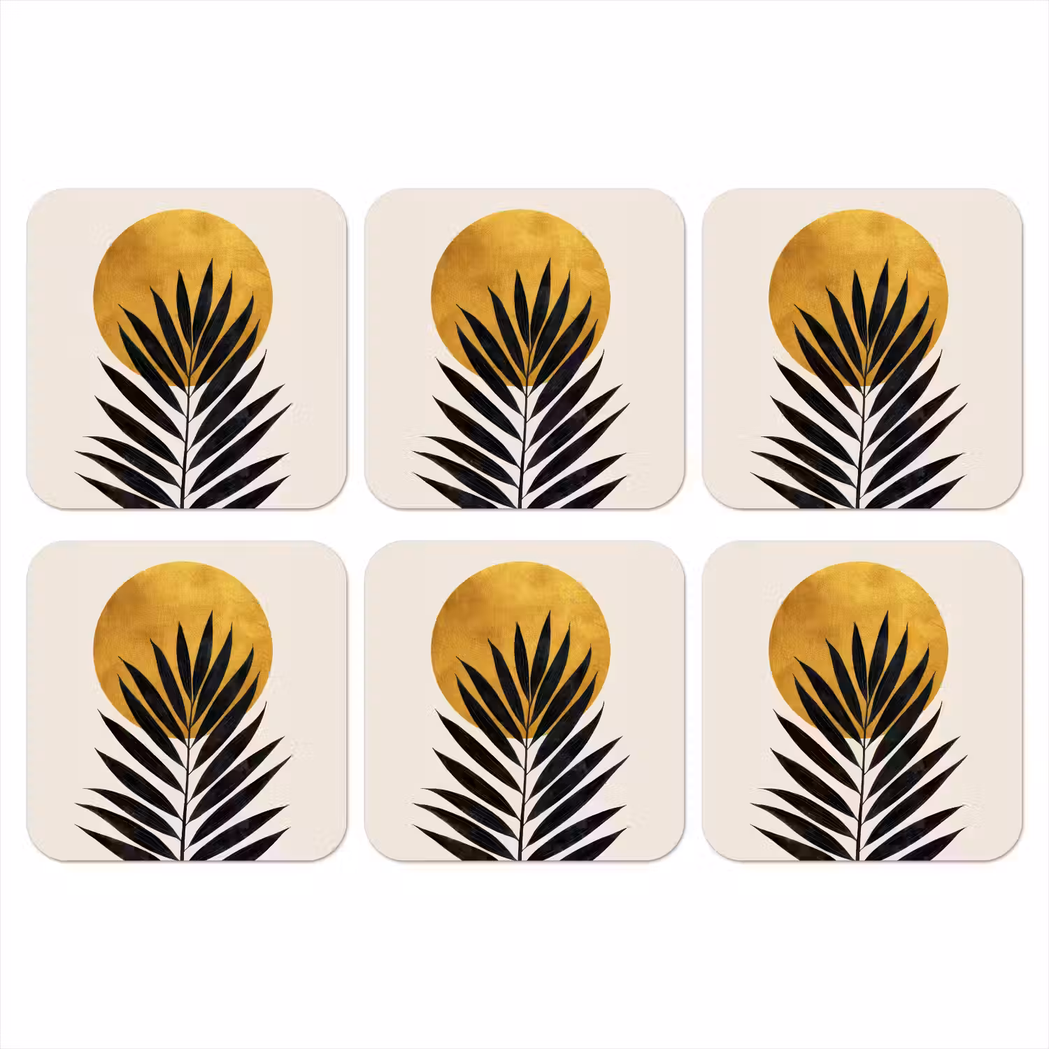 Zwart palmblad - Gouden cirkel - Beige achtergrond onderzetter kurk middel -3d