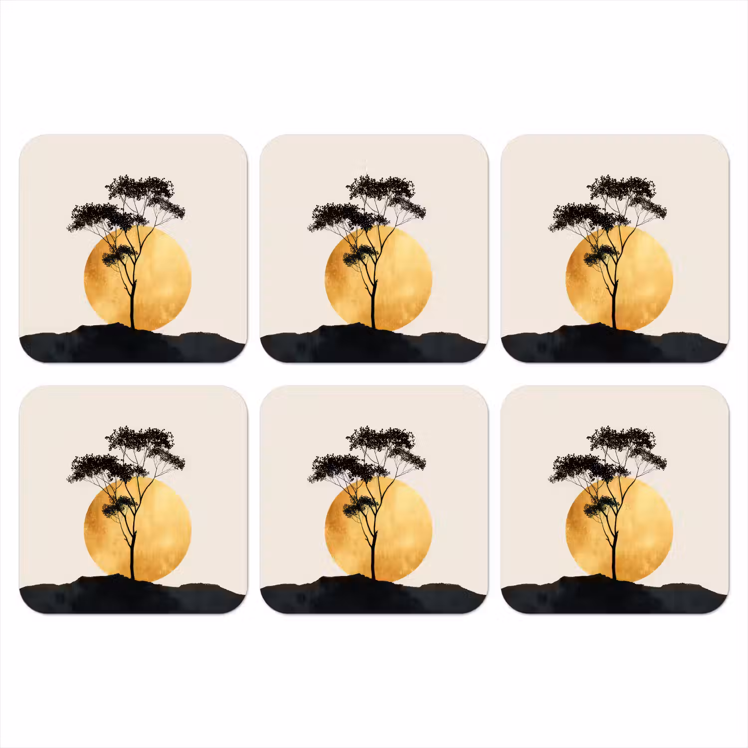 Zwarte boom - Gouden cirkel - Heuvel onderzetter kurk middel -3d