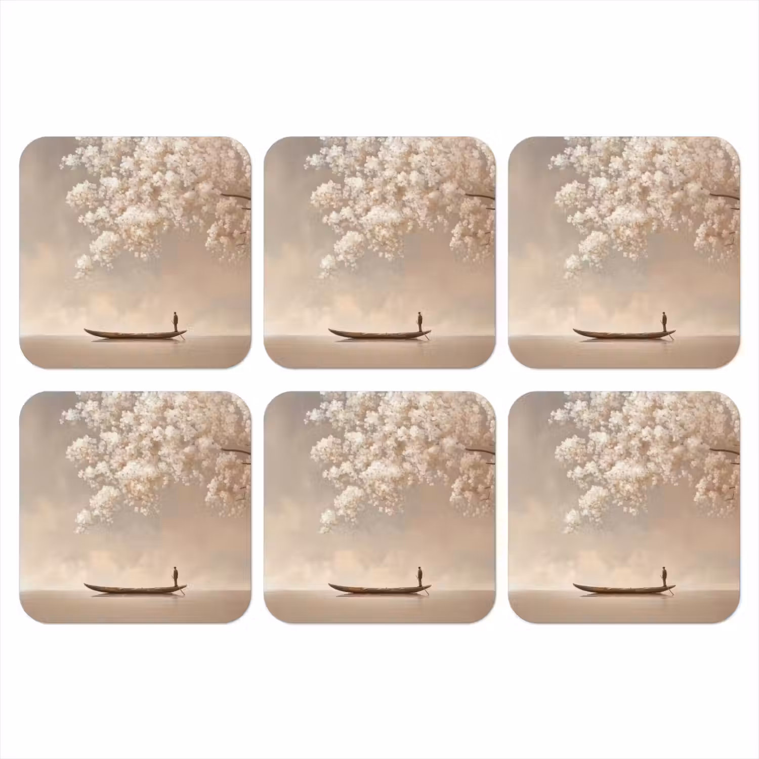 Bloesems - Wit - Boot - Minimalistisch onderzetter kurk middel -3d