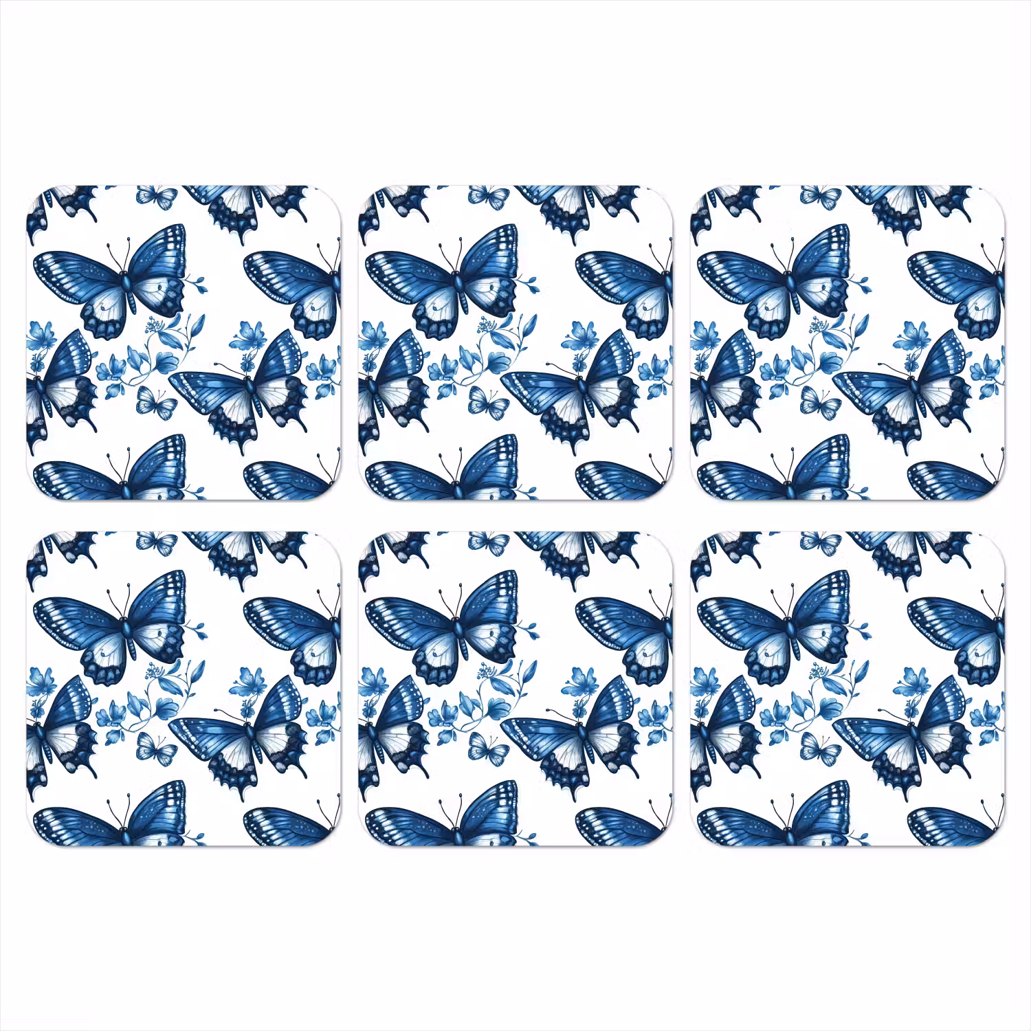 Blauw - Vlinders - Bloemen - Wit onderzetter kurk middel 366 -3d