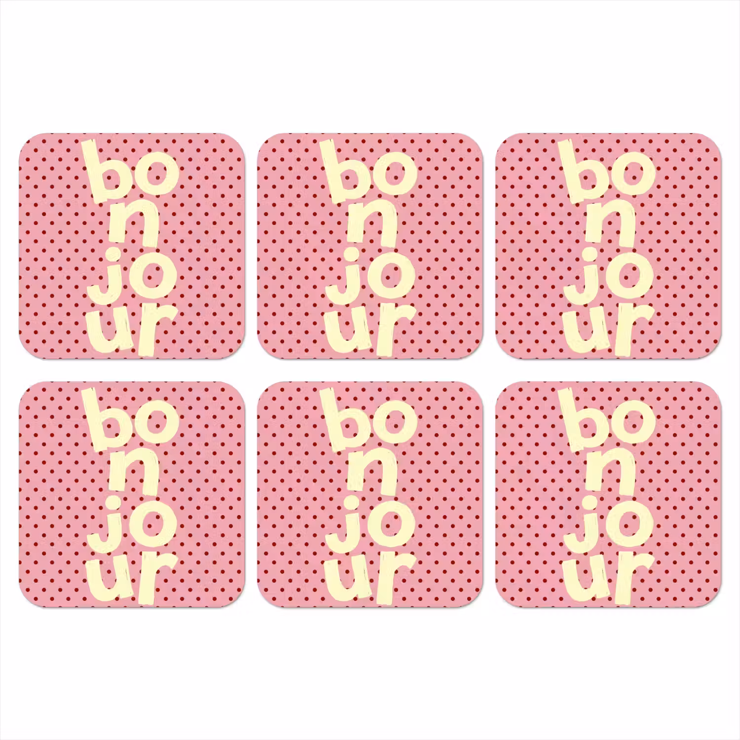 Bonjour - Stippen - Roze- Geel onderzetter kurk middel -3d