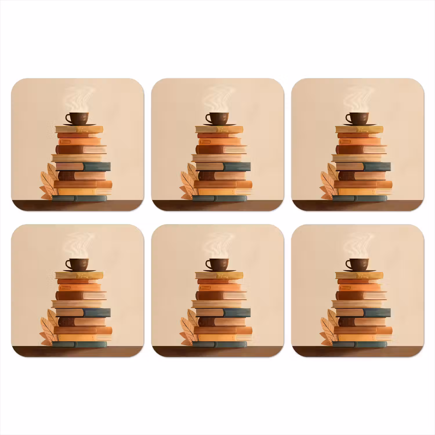 Boeken - Toren - Koffie - Beige onderzetter kurk middel -3d