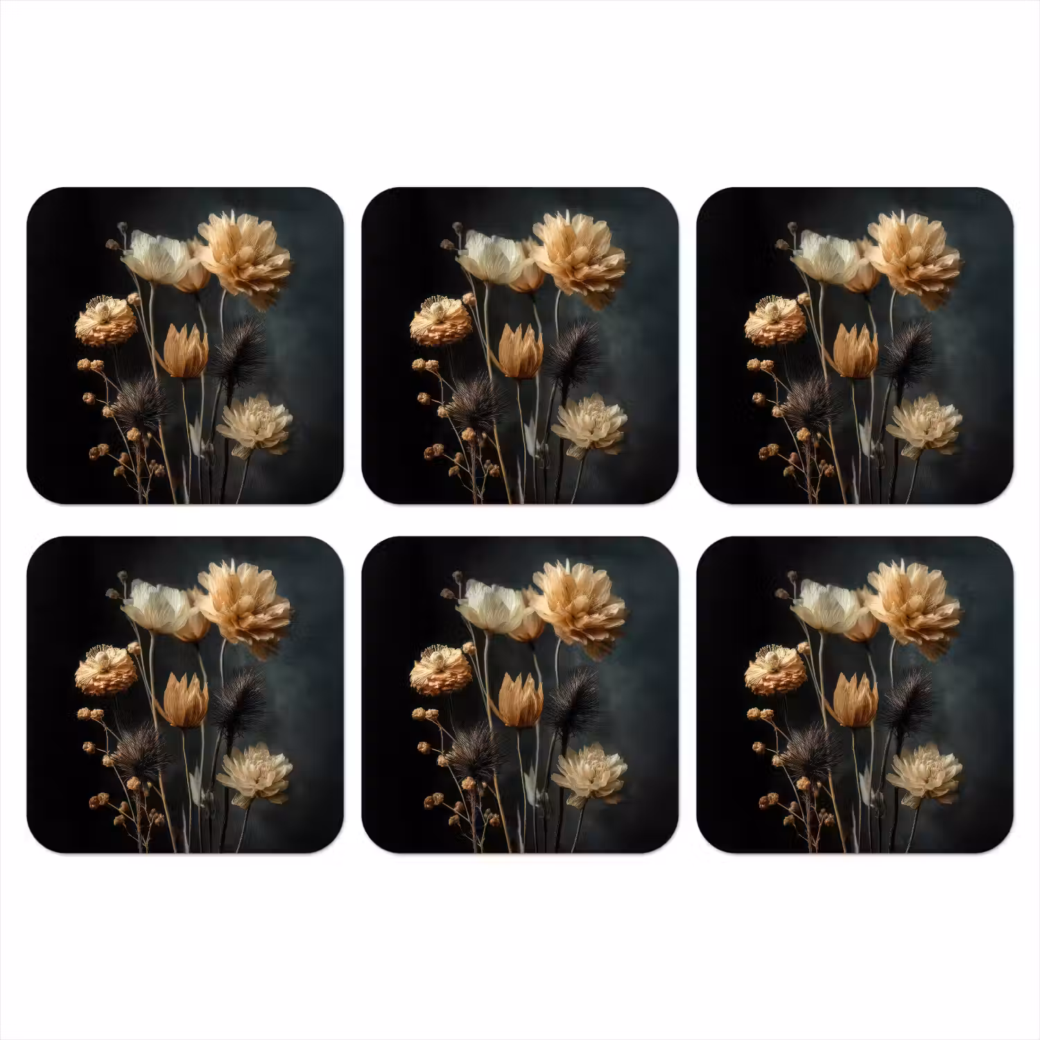 Boeket - Bloemen - Licht - Zwart onderzetter kurk middel -3d