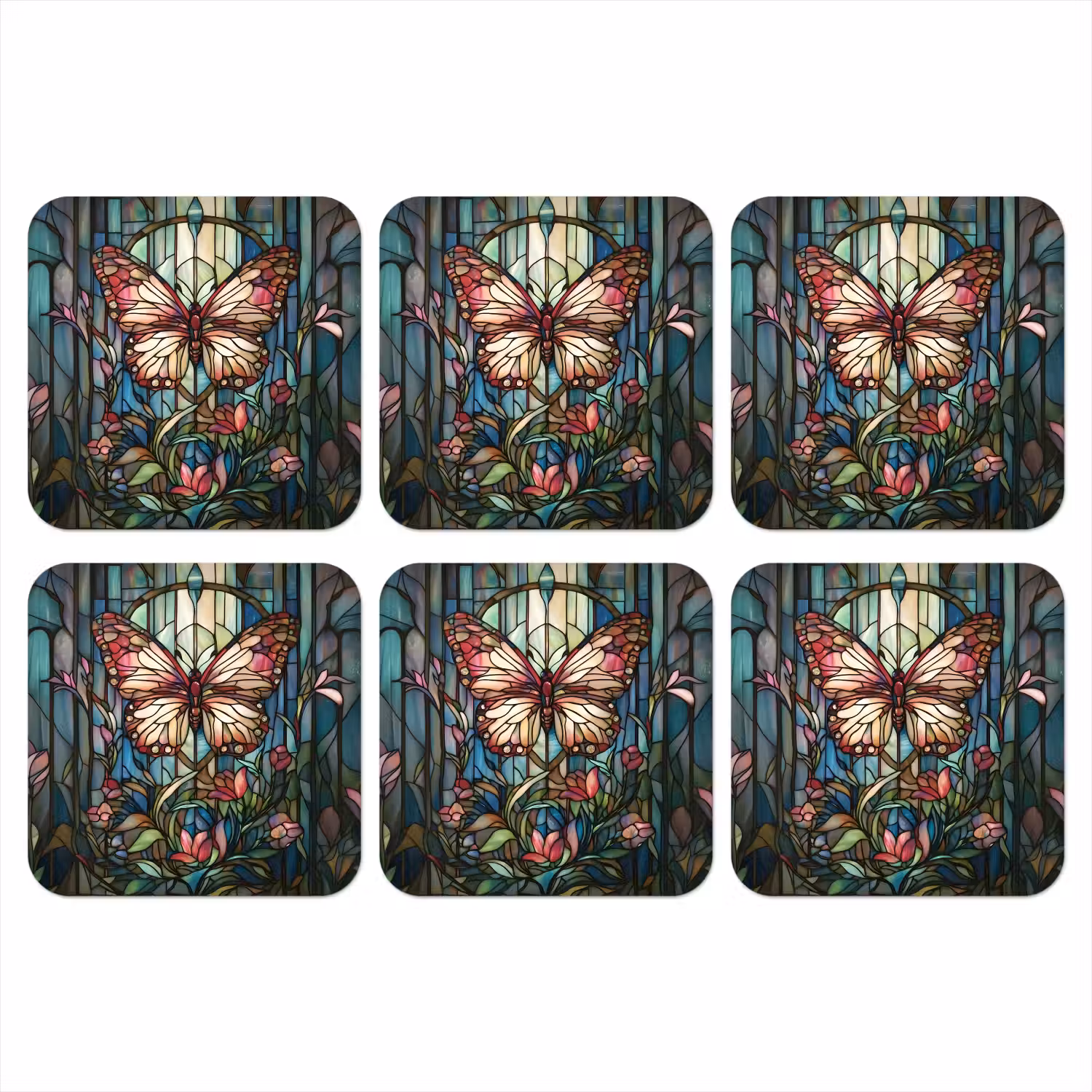Vlinder - Roze - Bloemen - Bladeren onderzetter kurk middel -3d