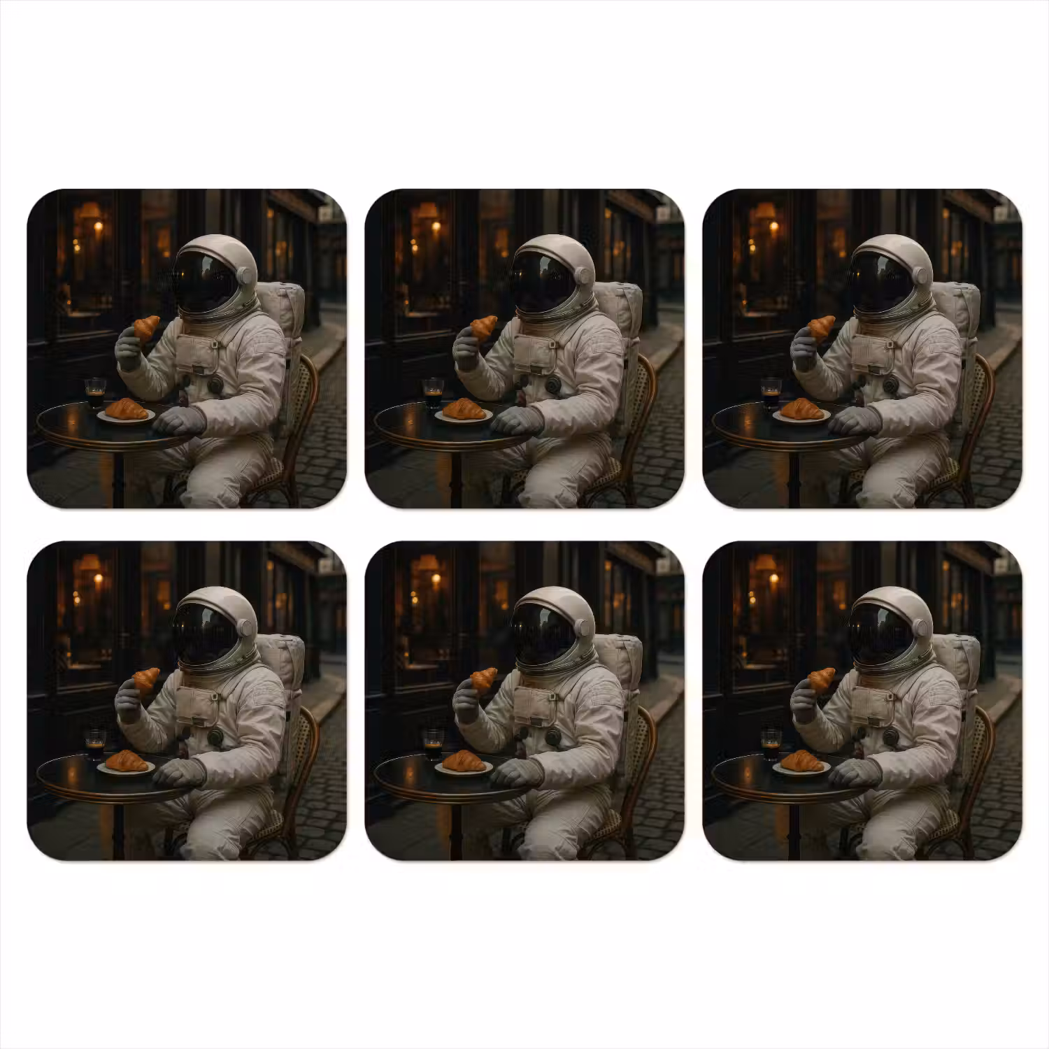 Café - Croissant - Koffie - Astronaut onderzetter kurk middel -3d