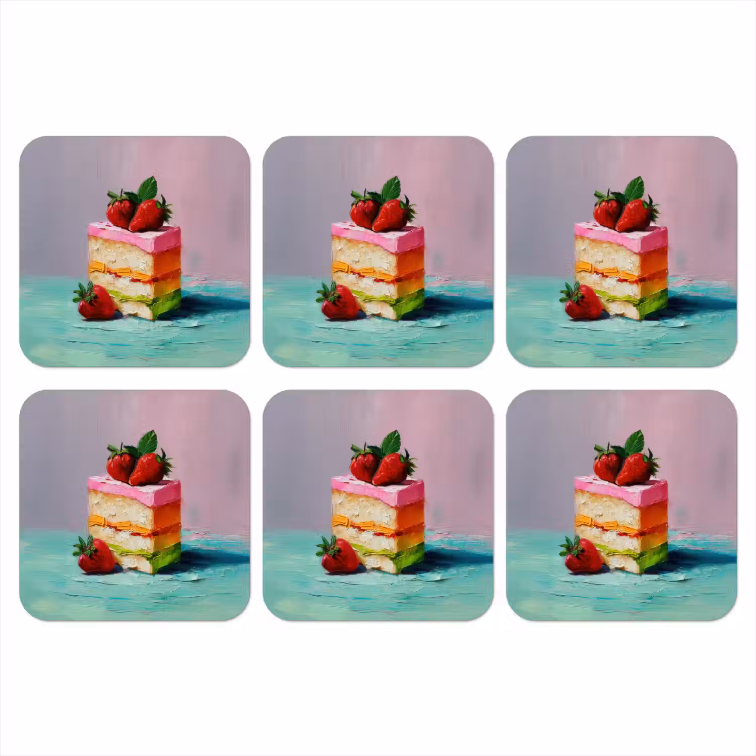 Taartje - Aardbeien - Glazuur - Kleurrijk onderzetter kurk middel -3d