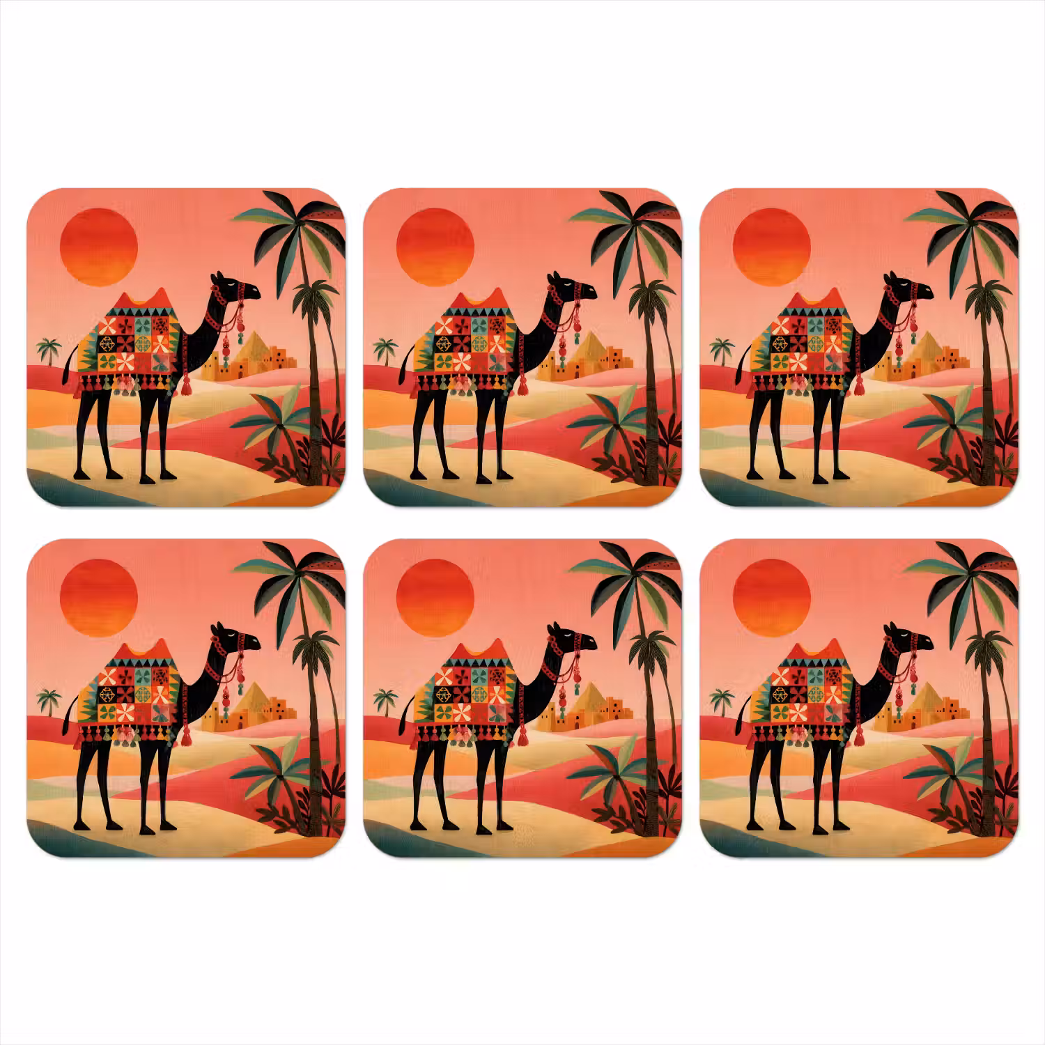 Kameel - Gekleurd tapijt - Duinen - Rode zon onderzetter kurk middel -3d