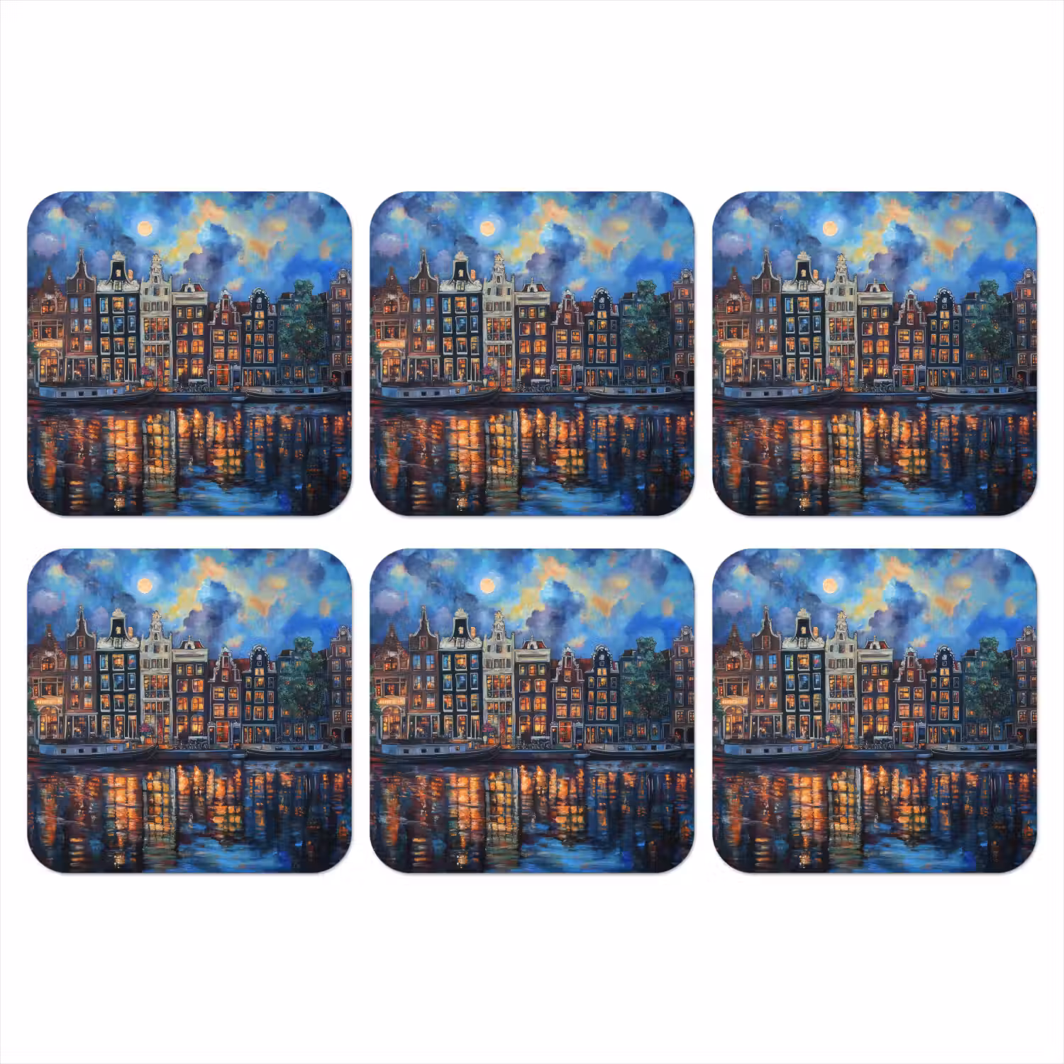 Grachten Amsterdam - Huizen - Stad - Kleurrijk onderzetter kurk middel -3d