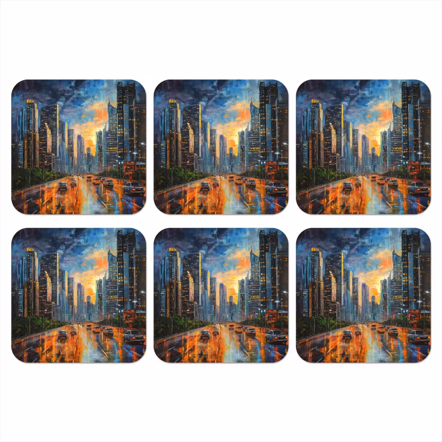 Auto - Skyline - Zon - Blauw onderzetter kurk middel -3d