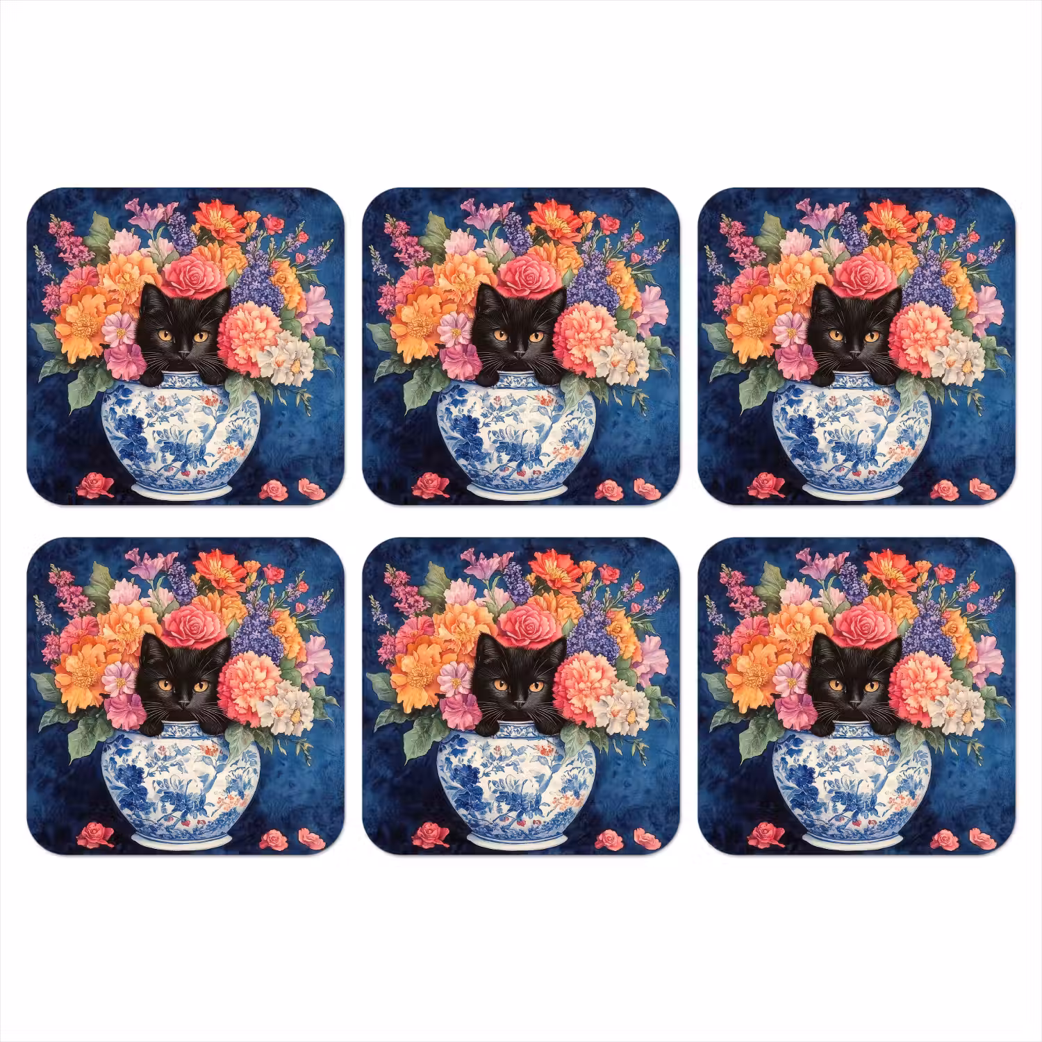 Kat - Felgekleurde bloemen - Vaas onderzetter kurk middel -3d