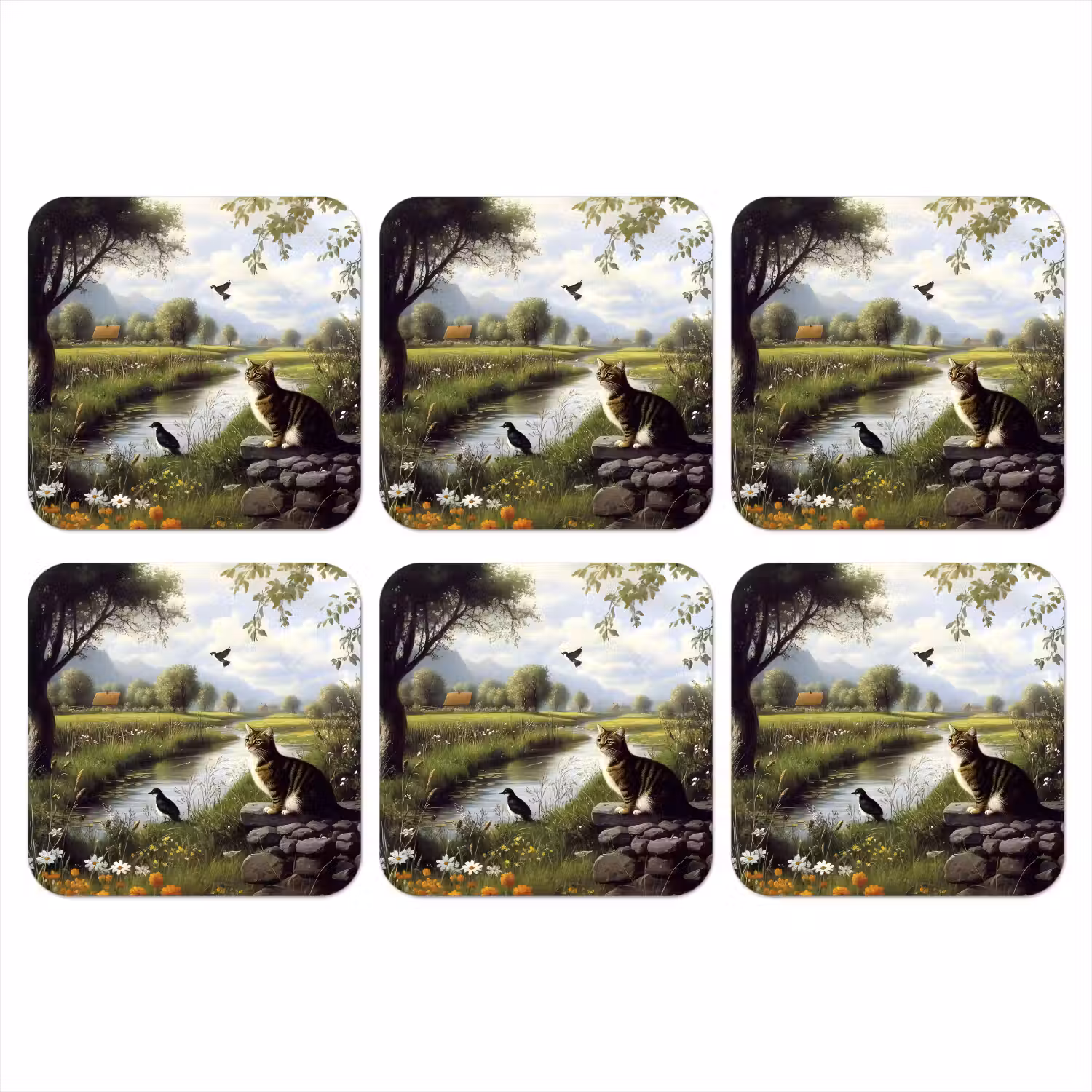 Kat - Beekje - Weide onderzetter kurk middel -3d