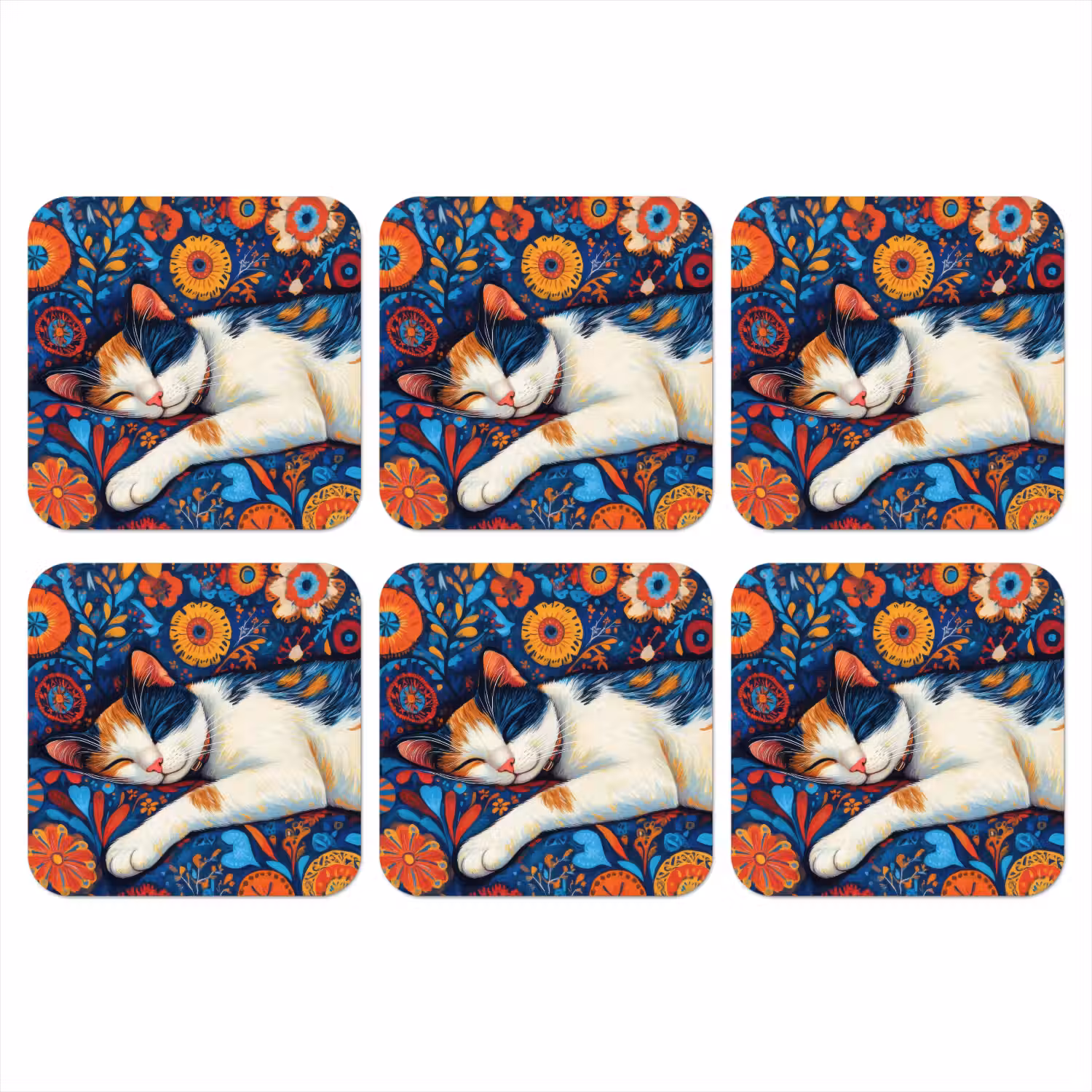 Kat - Bloemenpatroon - Blauw - Oranje onderzetter kurk middel -3d