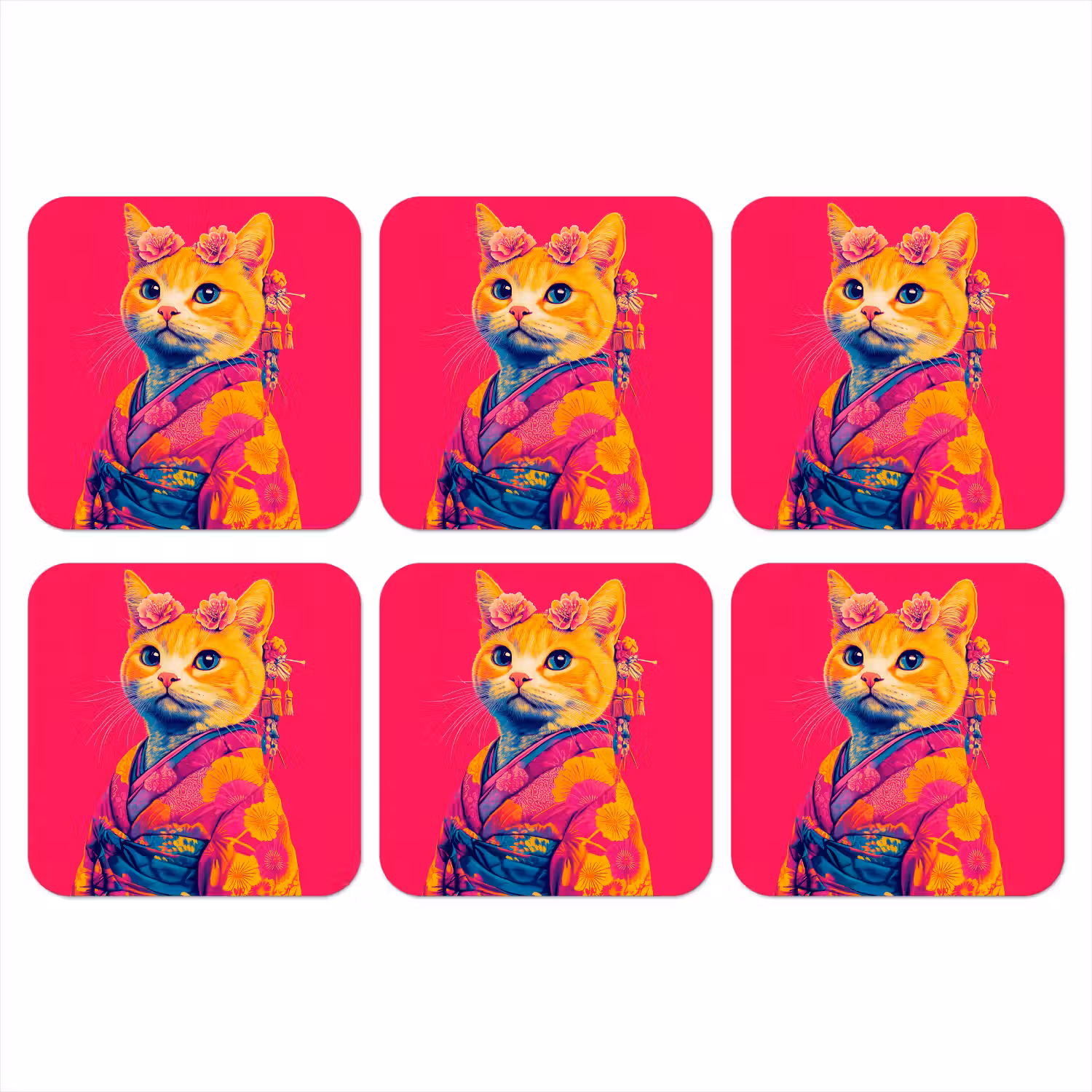 Kat - Kimono - Bloemen - Roze onderzetter kurk middel -3d
