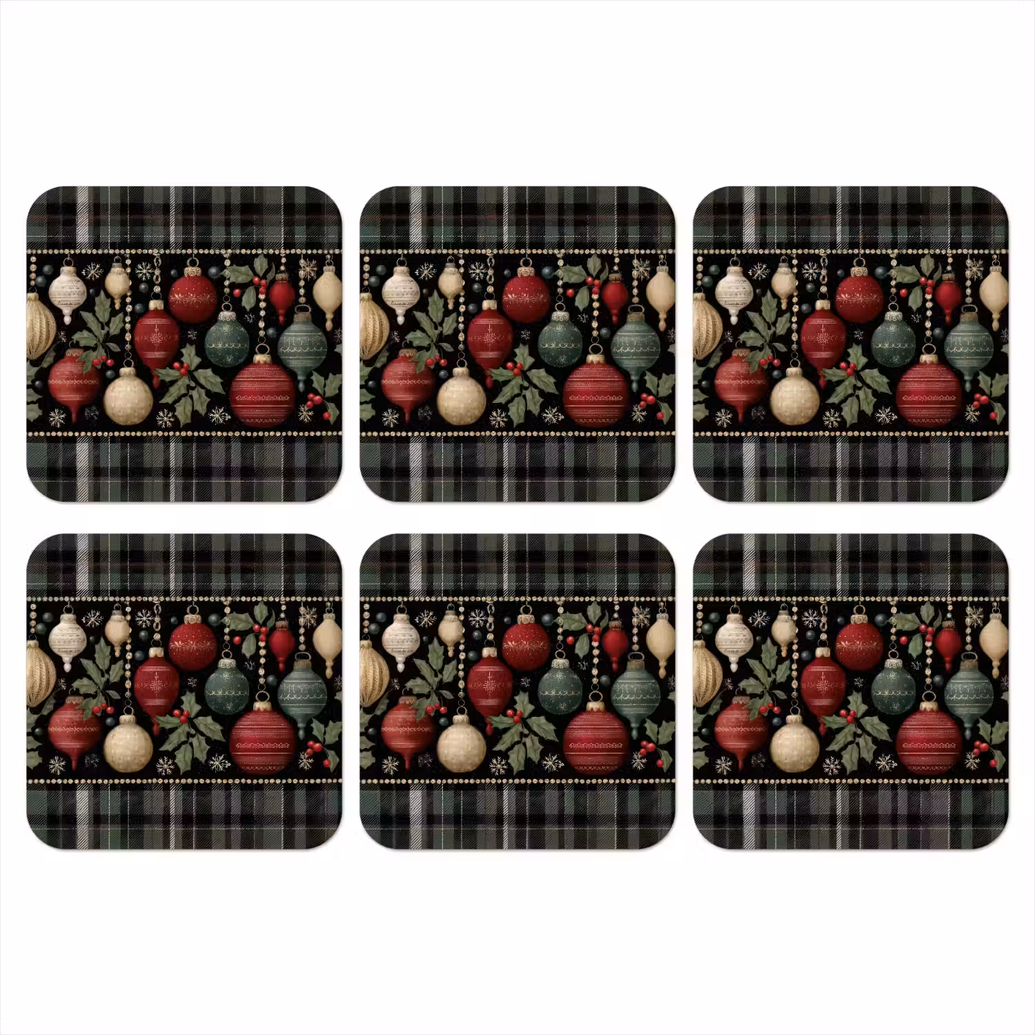 Kerstballen - Rood - Hulsttakken - Patroon onderzetter kurk middel -3d