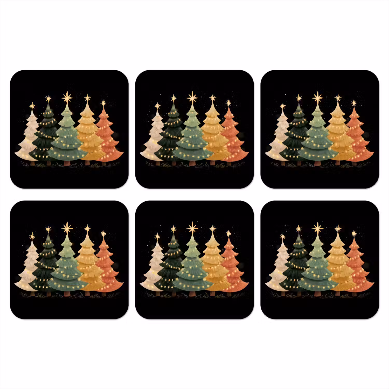 Kerstbomen - Kleurrijk - Lichtjes - Ster onderzetter kurk middel -3d