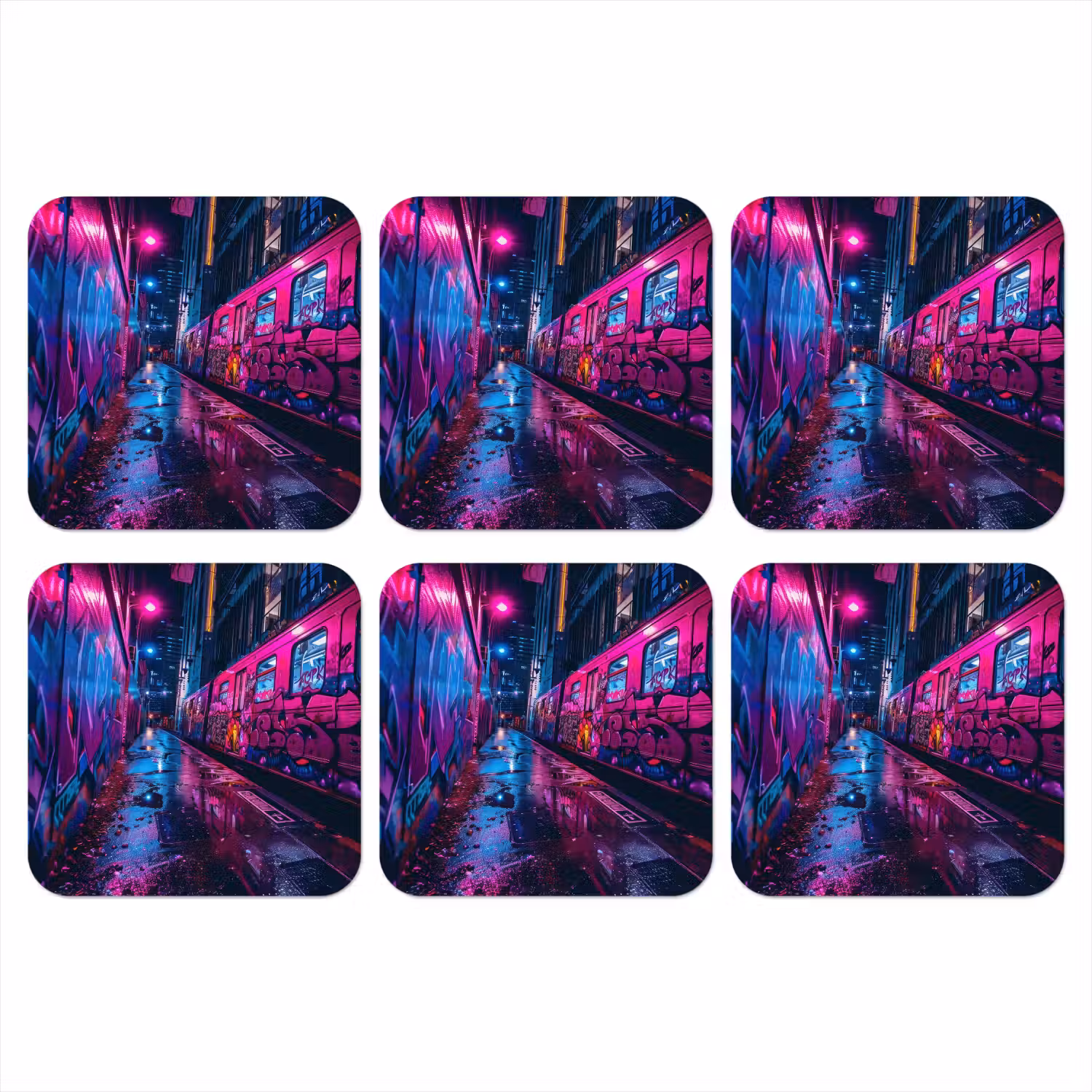 Stad - Neon - Nacht - Roze - Graffiti onderzetter kurk middel -3d
