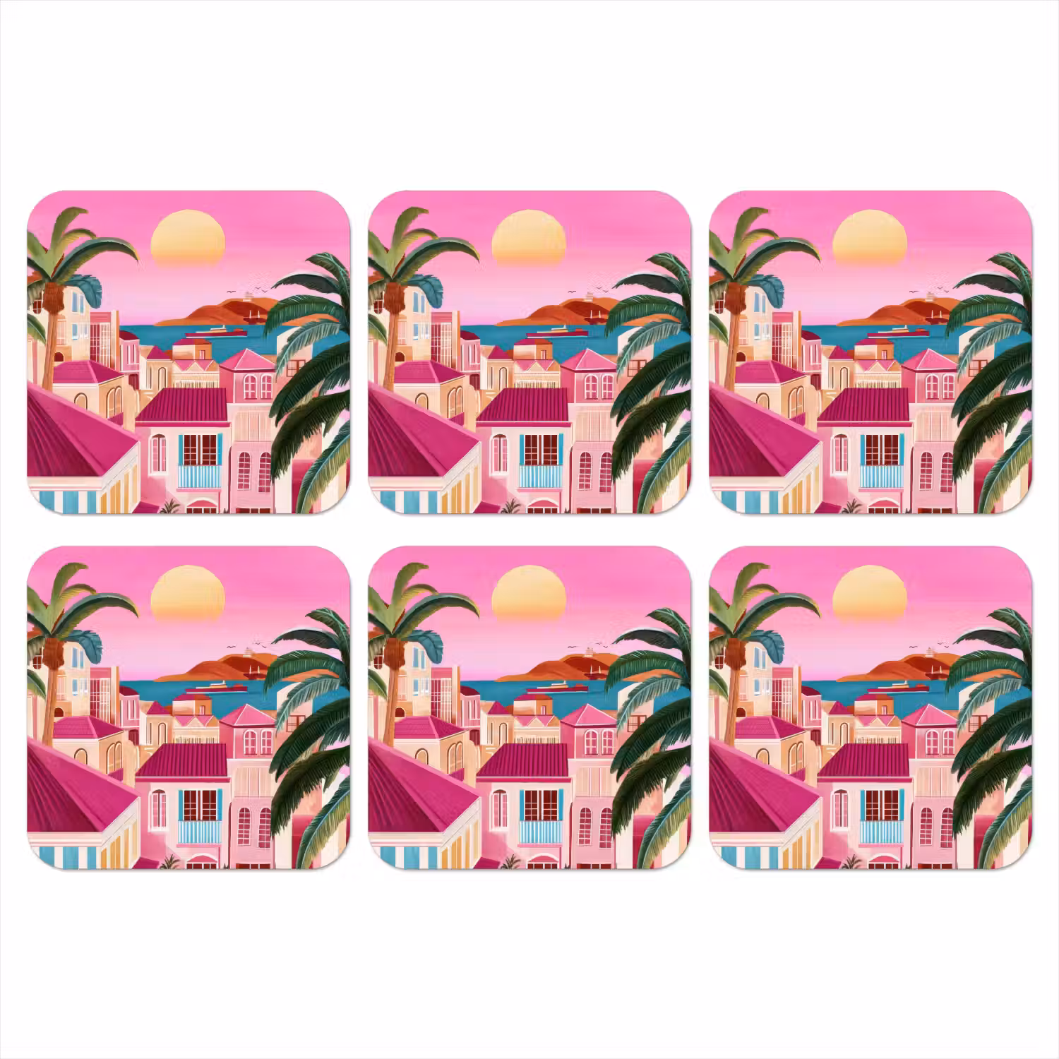 Stad - Roze - Palmbomen onderzetter kurk middel -3d